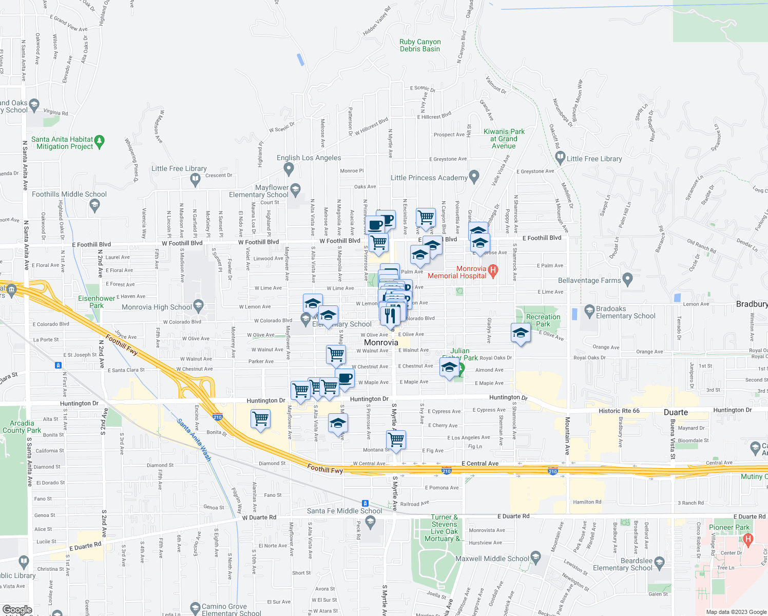 map of restaurants, bars, coffee shops, grocery stores, and more near 504 Date Court in Monrovia