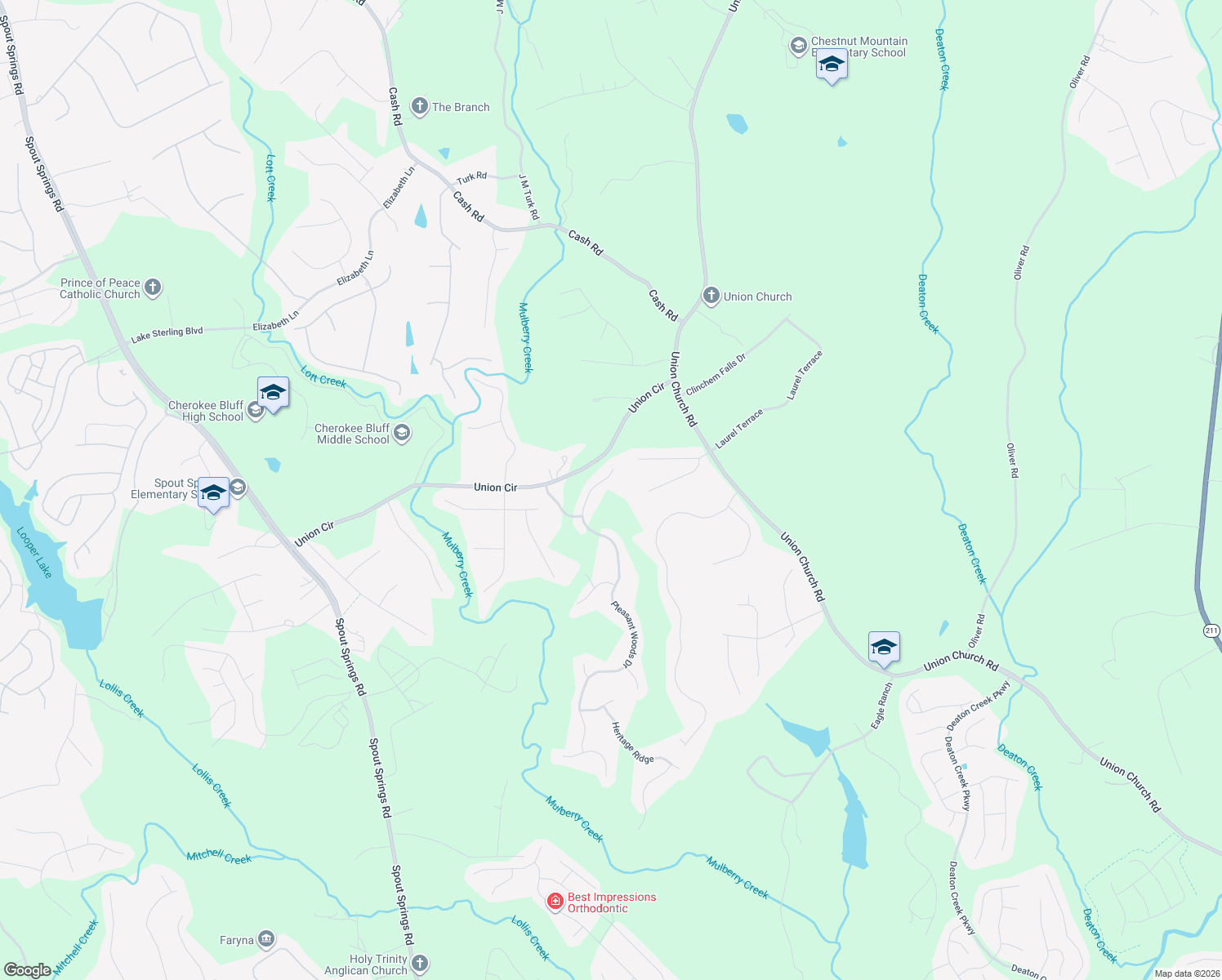 map of restaurants, bars, coffee shops, grocery stores, and more near 5419 Pleasant Woods Drive in Flowery Branch