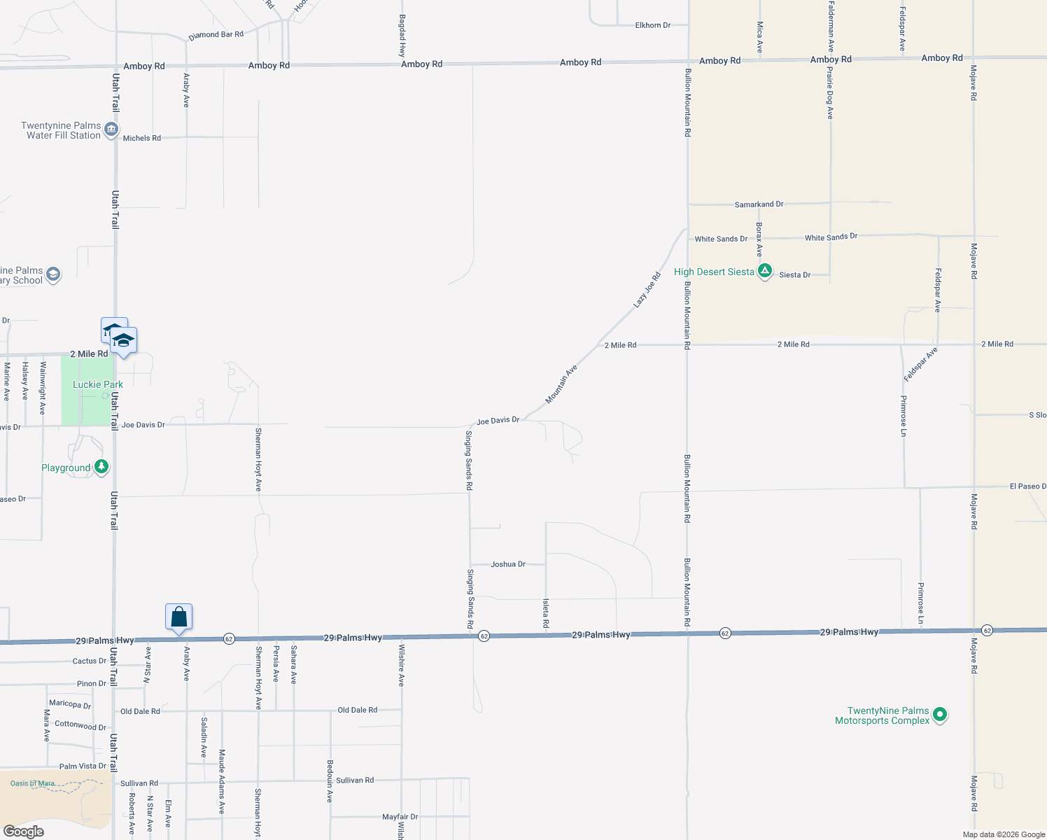 map of restaurants, bars, coffee shops, grocery stores, and more near 75678 Joe Davis Drive in Twentynine Palms