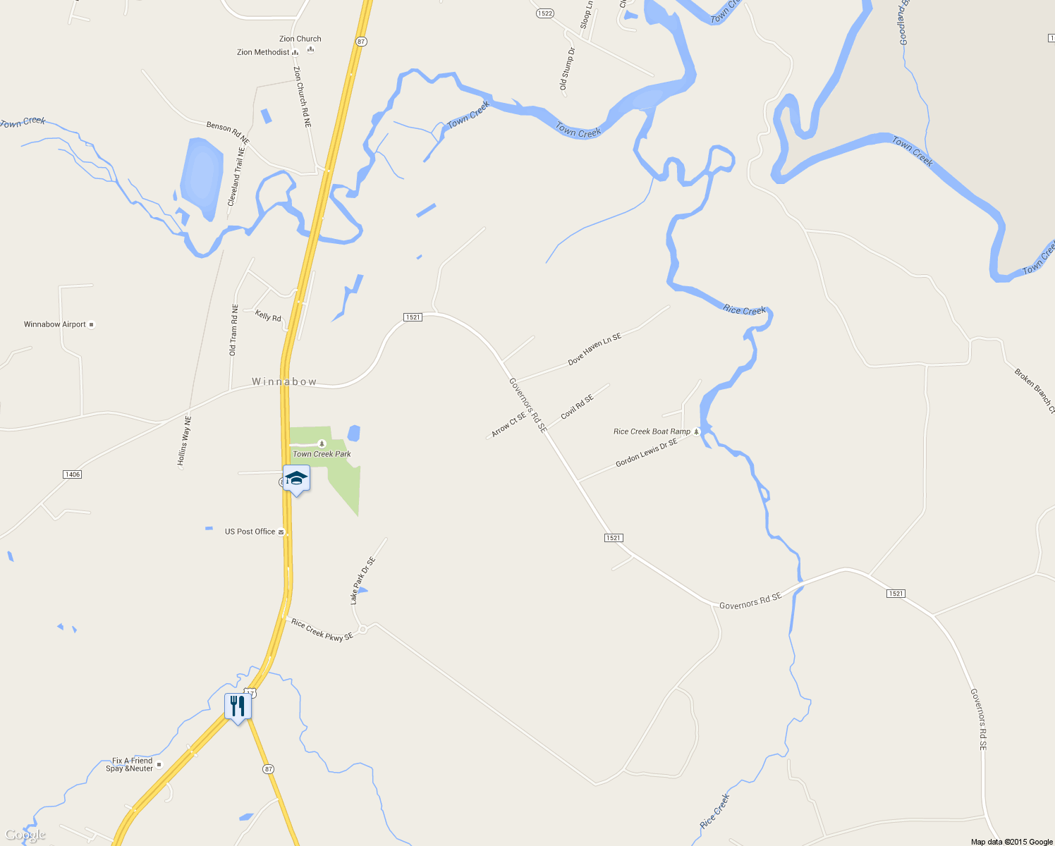 map of restaurants, bars, coffee shops, grocery stores, and more near 501 Governors Road Southeast in Winnabow