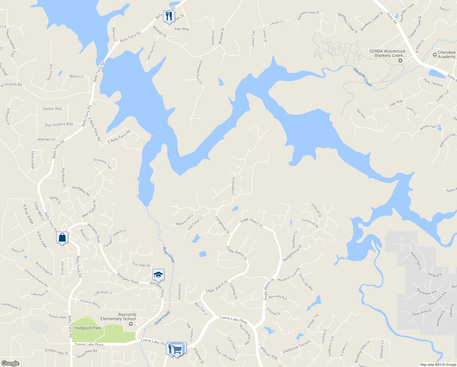 map of restaurants, bars, coffee shops, grocery stores, and more near 902 Laurel Crest Drive in Woodstock