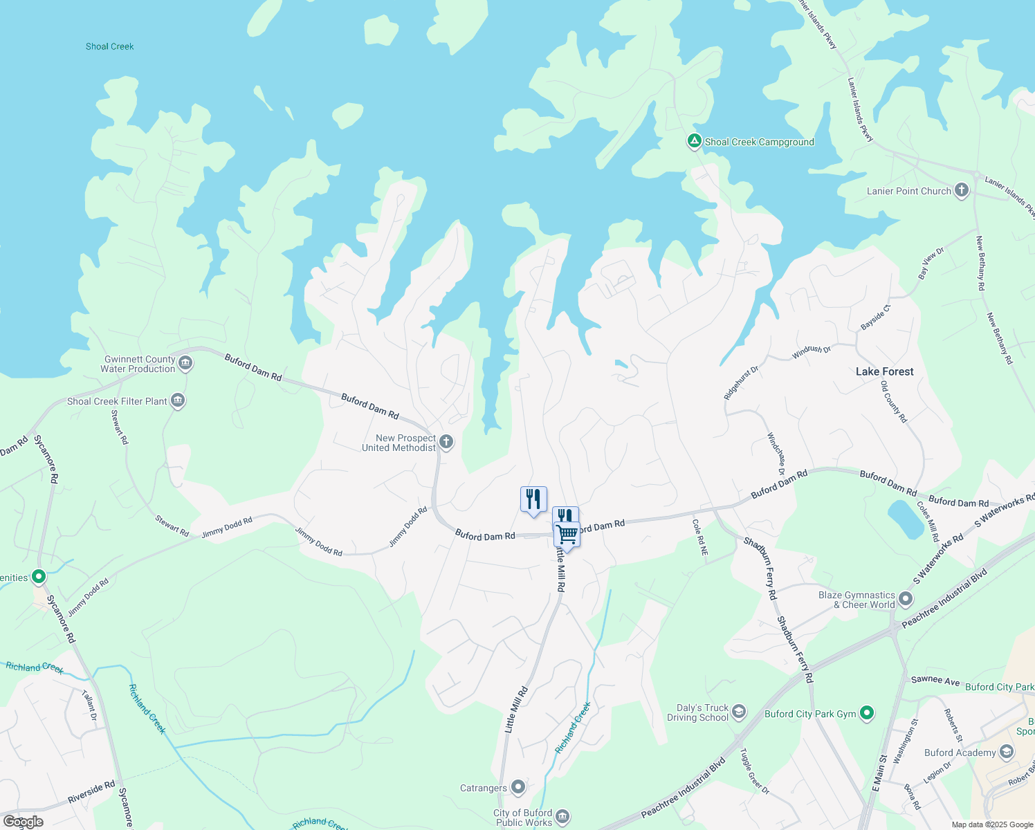 map of restaurants, bars, coffee shops, grocery stores, and more near 5968 Dolvin Ln in Buford