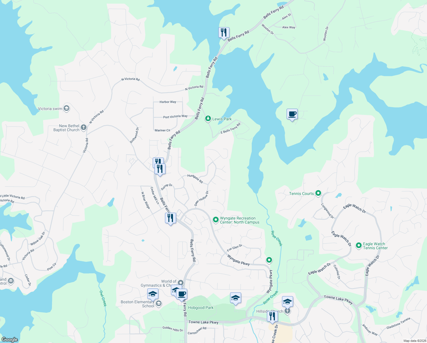 map of restaurants, bars, coffee shops, grocery stores, and more near 1043 Deer Hollow Drive in Woodstock