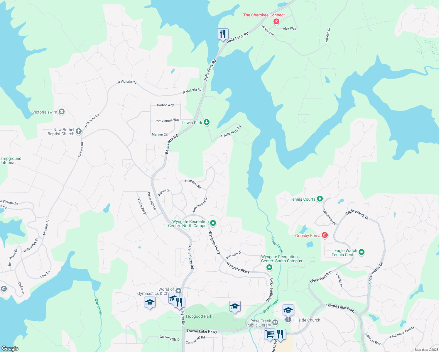 map of restaurants, bars, coffee shops, grocery stores, and more near 9002 Mallory Lane in Woodstock