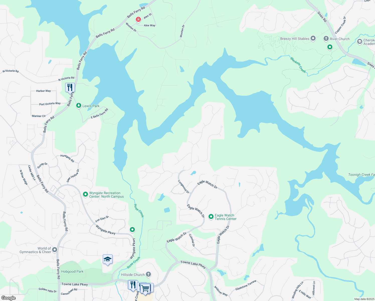 map of restaurants, bars, coffee shops, grocery stores, and more near 902 Laurel Crest Drive in Woodstock