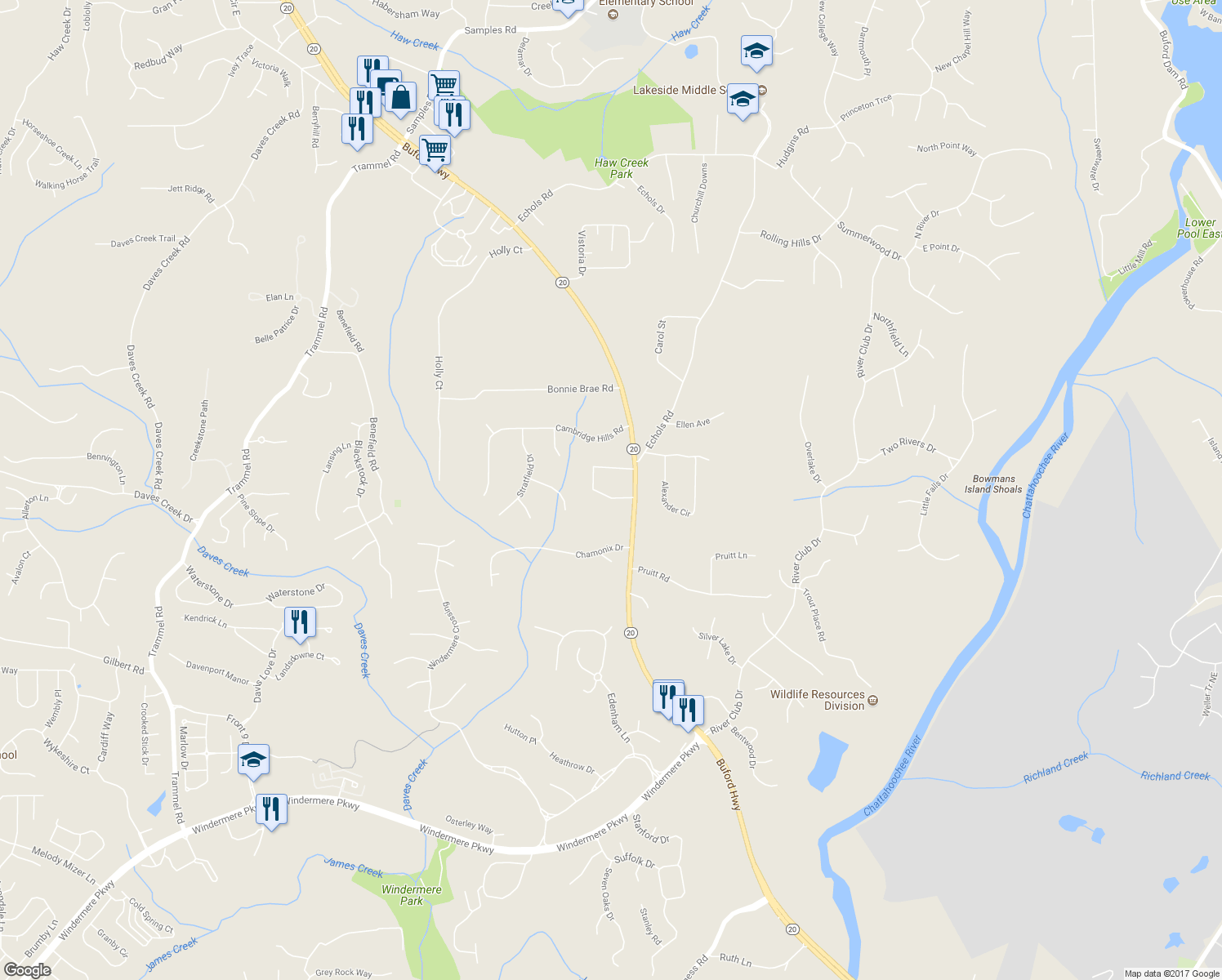 map of restaurants, bars, coffee shops, grocery stores, and more near 2595 Marsha Circle in Cumming