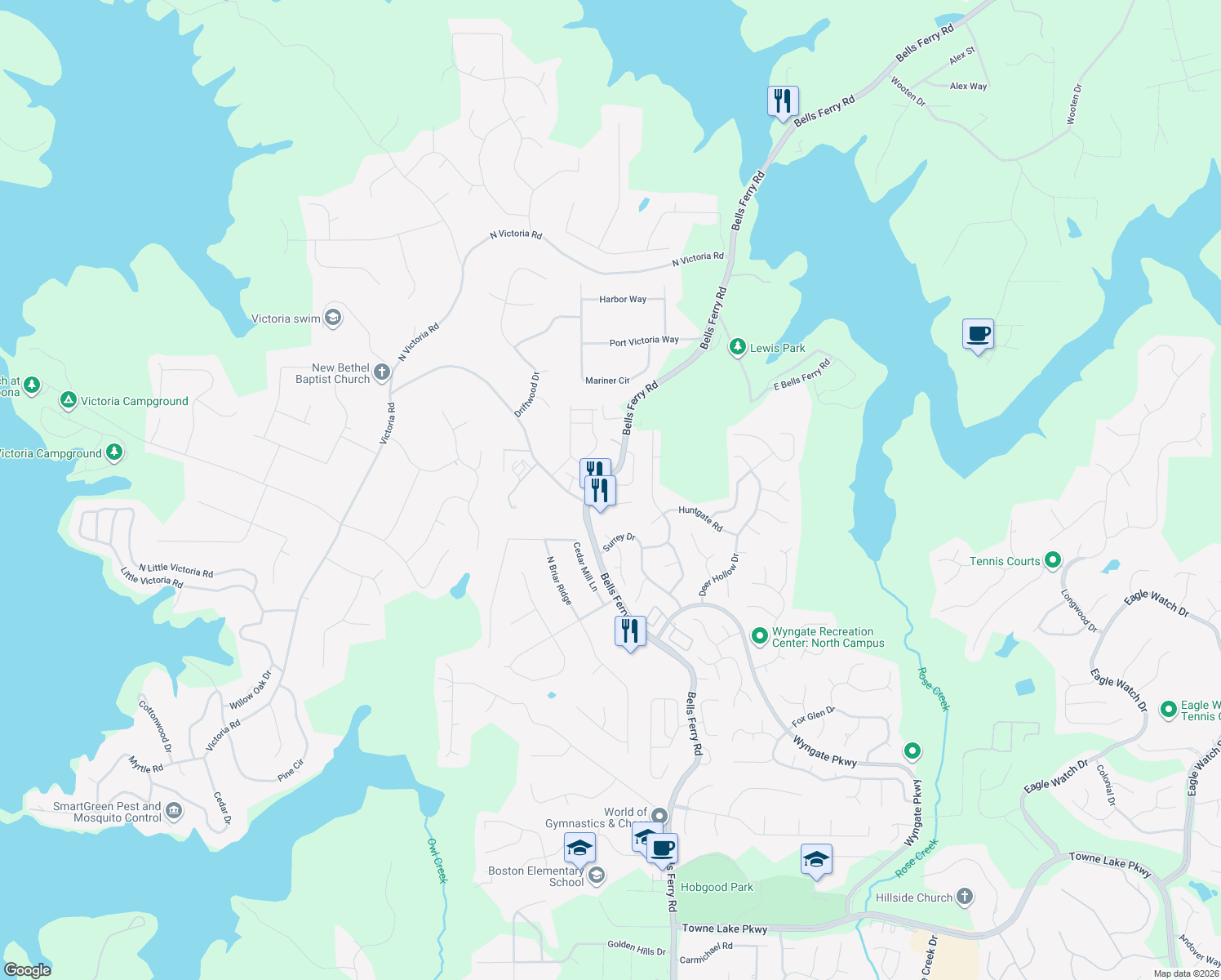 map of restaurants, bars, coffee shops, grocery stores, and more near 181 Sunset Lane in Woodstock