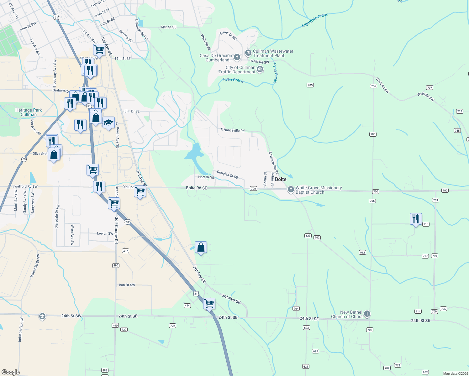 map of restaurants, bars, coffee shops, grocery stores, and more near 1631 Bolte Road Southeast in Cullman