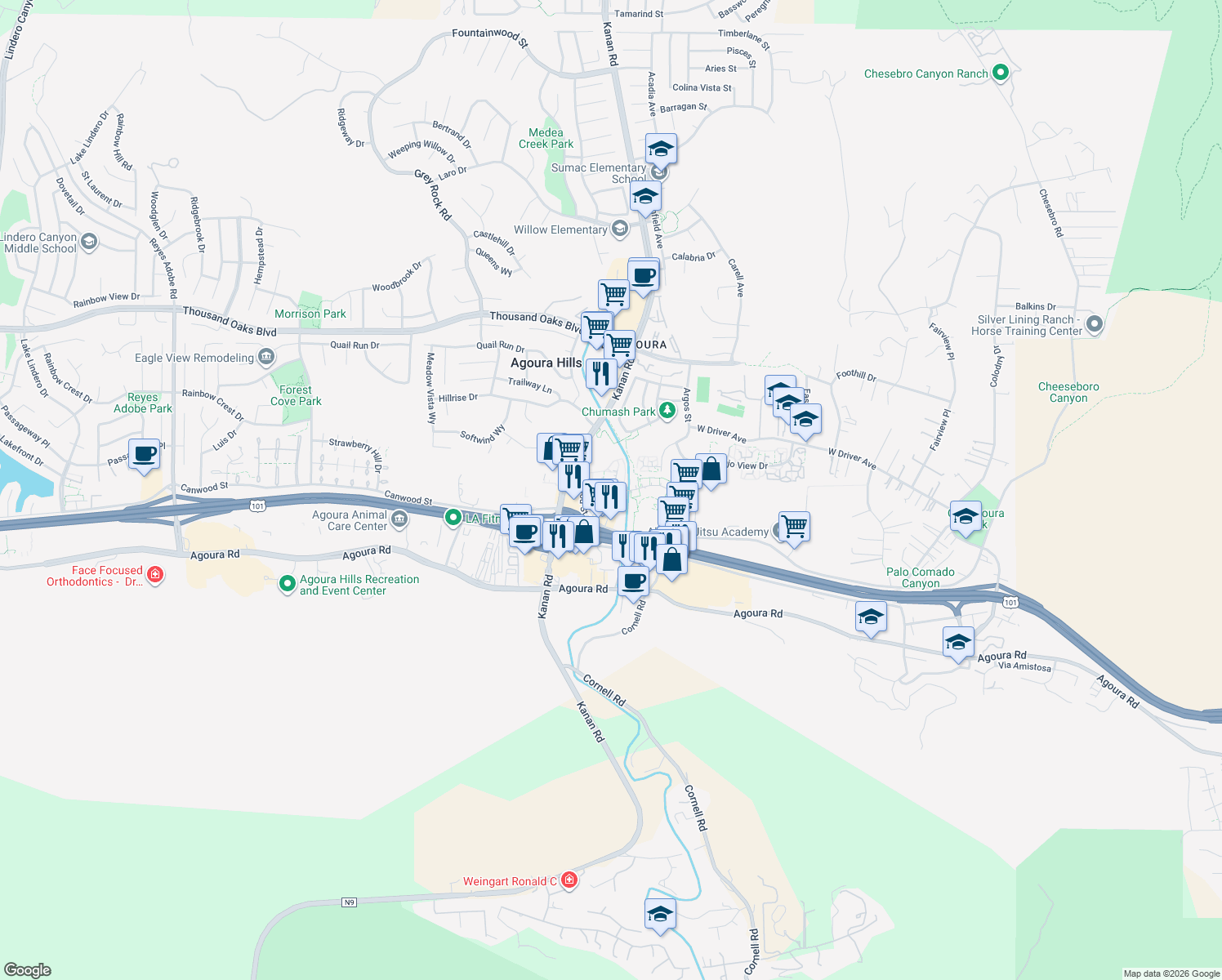 map of restaurants, bars, coffee shops, grocery stores, and more near 29128 Garden Oaks Court in Agoura Hills
