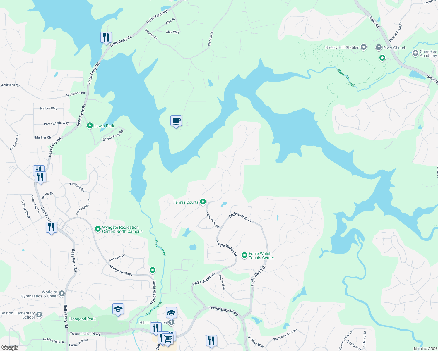 map of restaurants, bars, coffee shops, grocery stores, and more near 1045 Longwood Drive in Woodstock