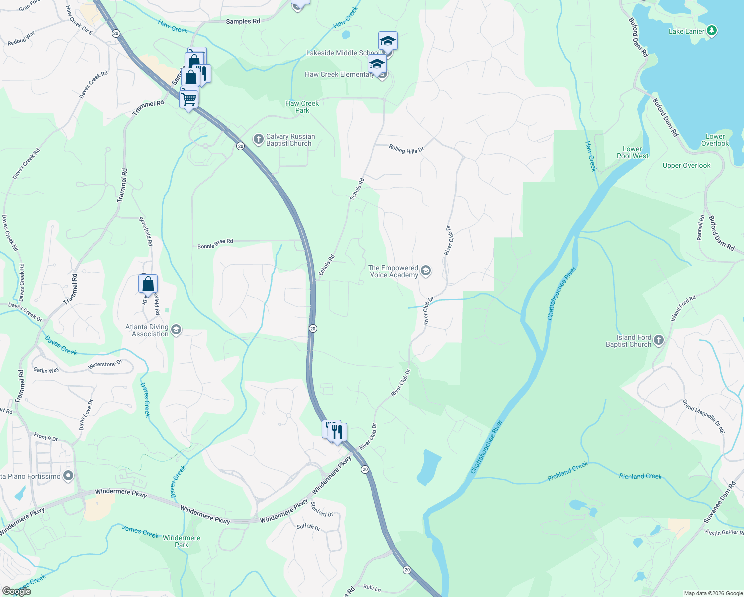 map of restaurants, bars, coffee shops, grocery stores, and more near 3550 Alexander Circle in Cumming