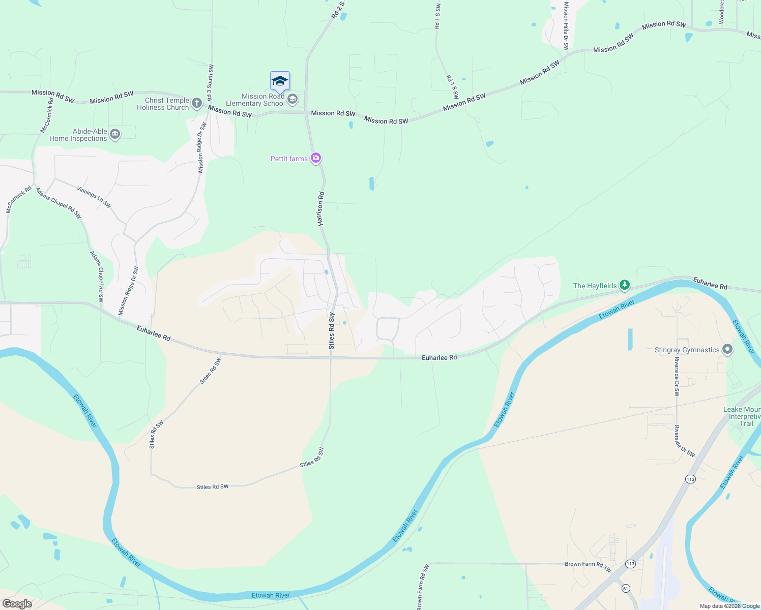 map of restaurants, bars, coffee shops, grocery stores, and more near 18 Greenwood Drive Southwest in Cartersville