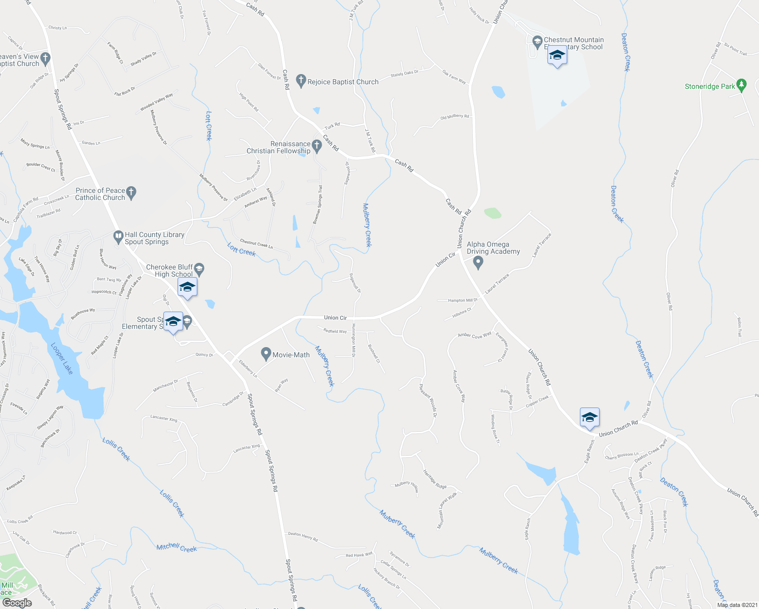 map of restaurants, bars, coffee shops, grocery stores, and more near 5328 Union Circle in Flowery Branch