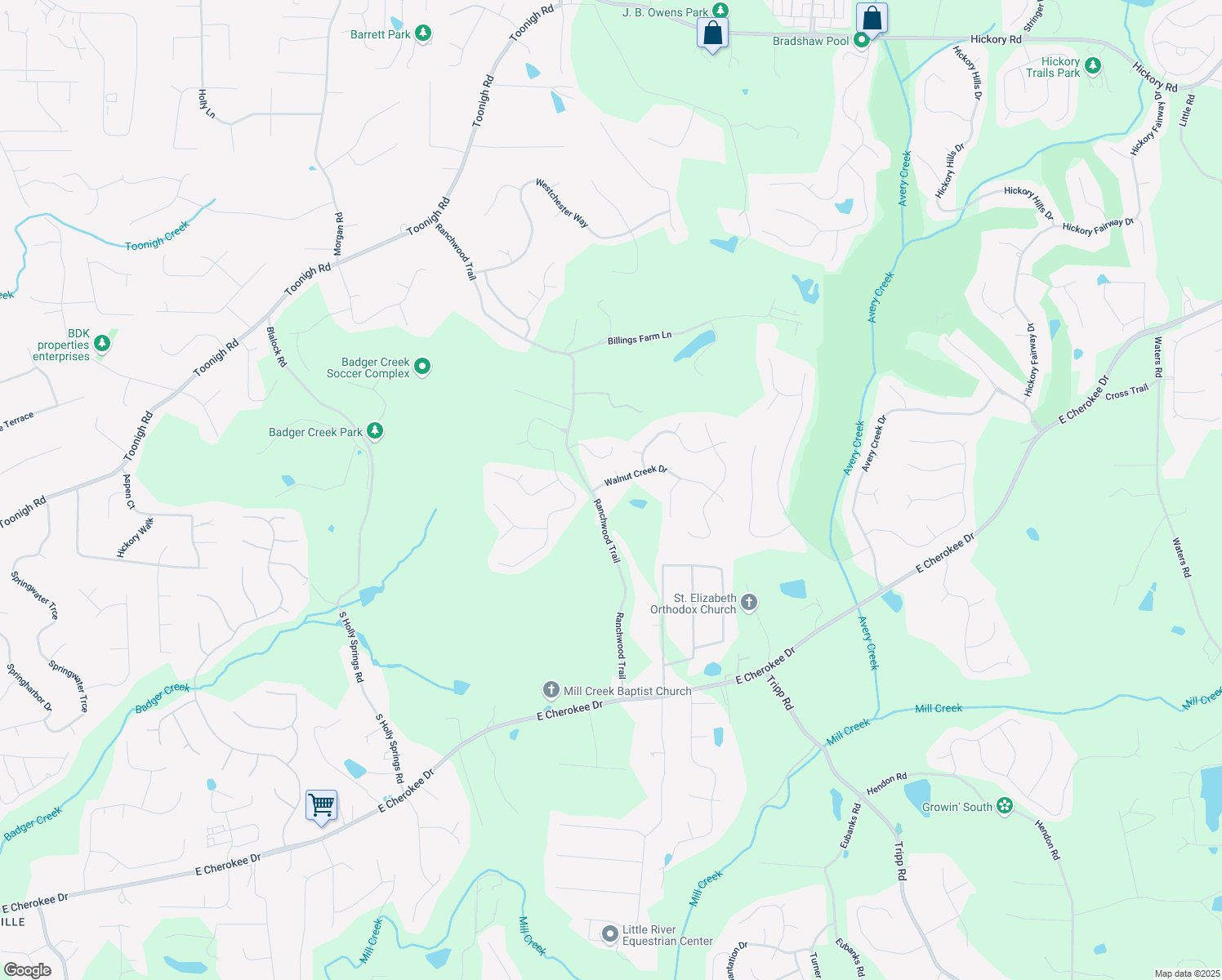 map of restaurants, bars, coffee shops, grocery stores, and more near 1008 Walnut Creek Drive in Woodstock