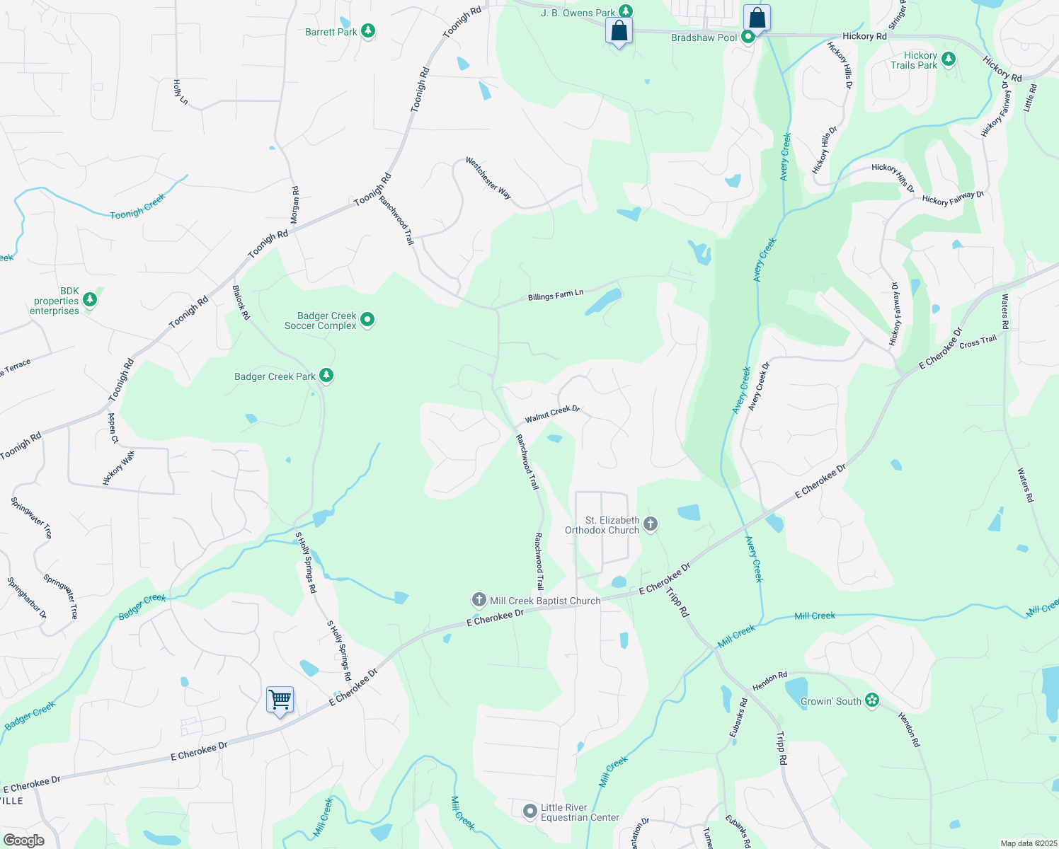 map of restaurants, bars, coffee shops, grocery stores, and more near 1008 Walnut Creek Drive in Woodstock