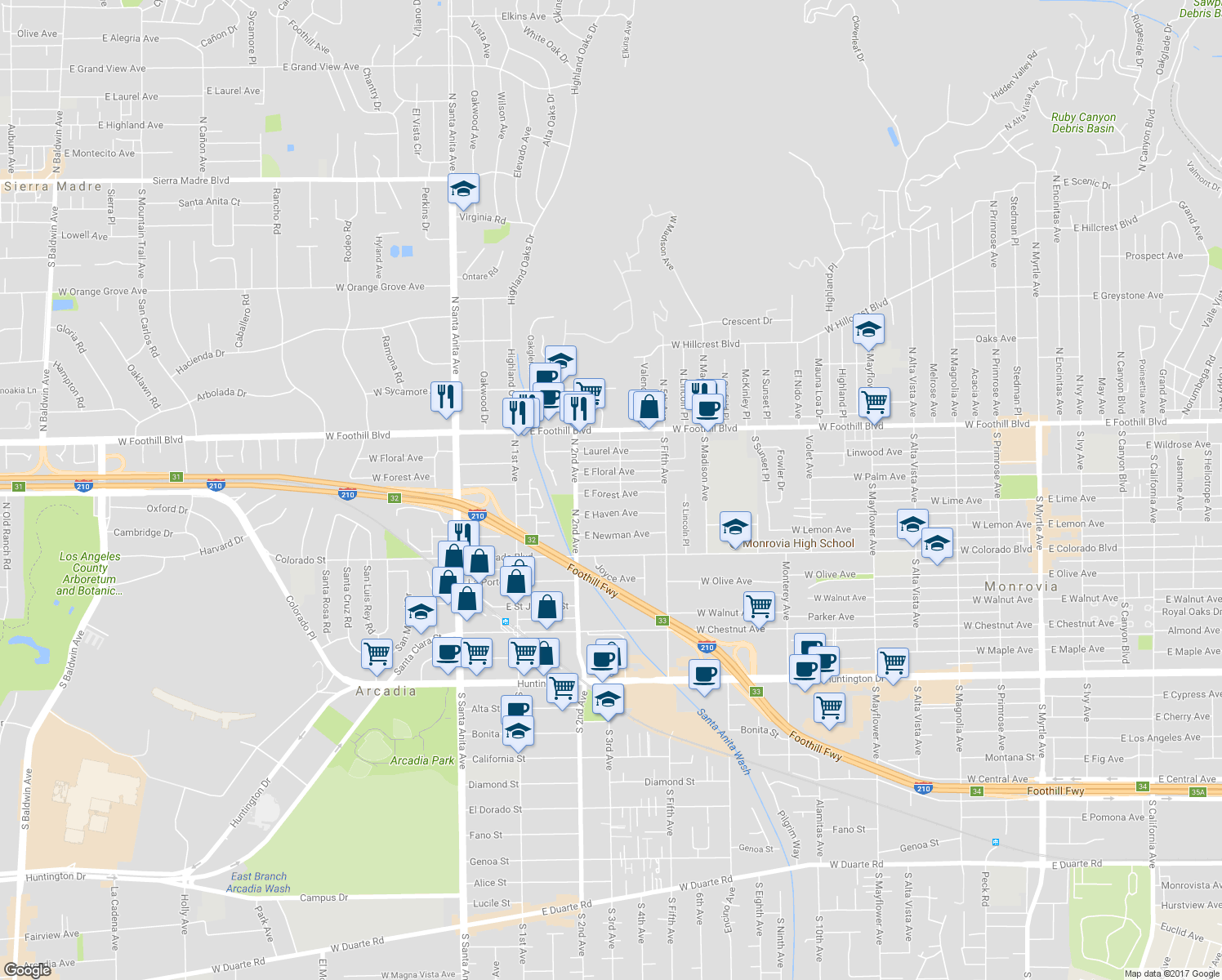 map of restaurants, bars, coffee shops, grocery stores, and more near 243 East Forest Avenue in Arcadia
