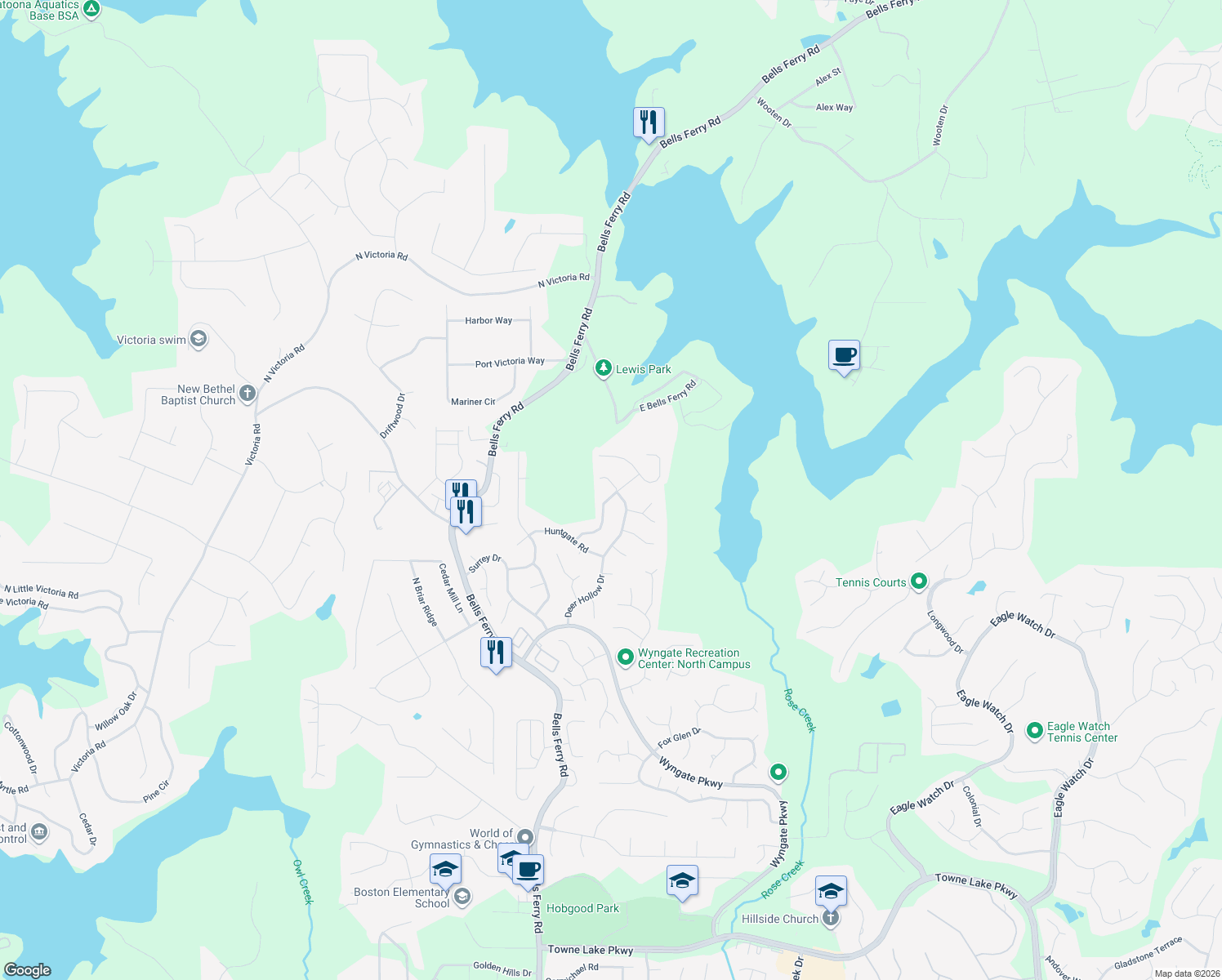 map of restaurants, bars, coffee shops, grocery stores, and more near 1021 Elsberry Drive in Woodstock