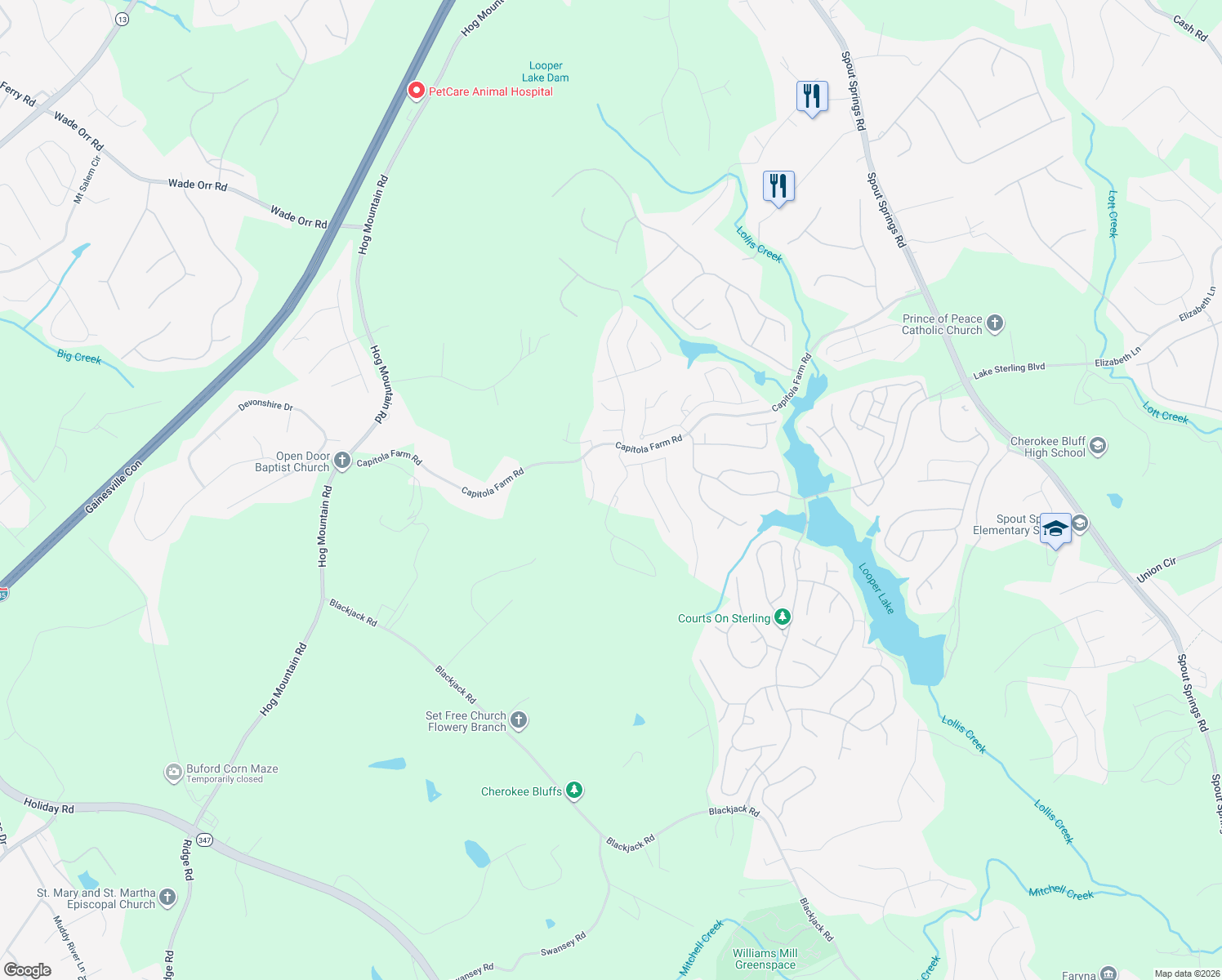 map of restaurants, bars, coffee shops, grocery stores, and more near 6721 Capitola Farm Road in Flowery Branch