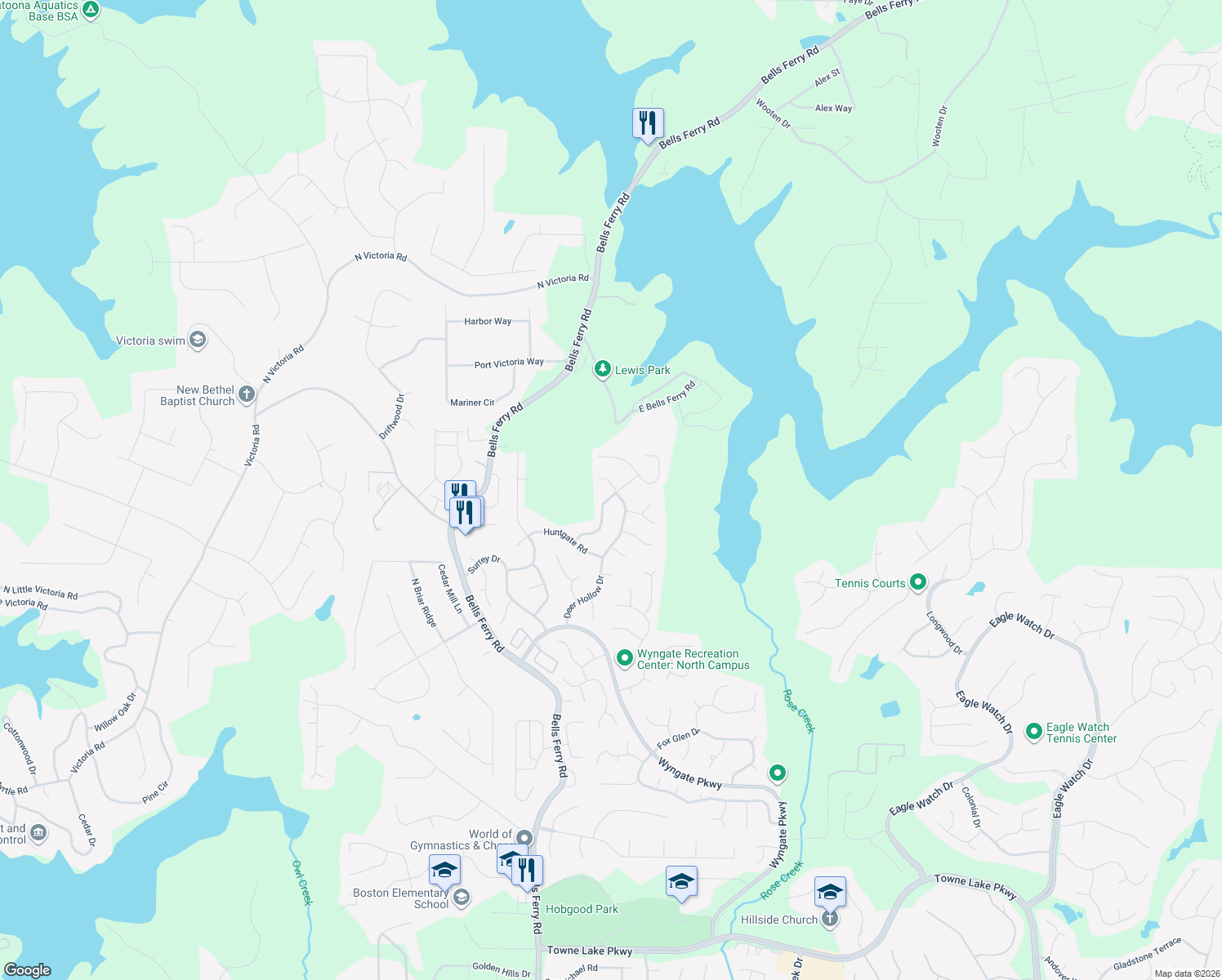 map of restaurants, bars, coffee shops, grocery stores, and more near 1021 Elsberry Drive in Woodstock