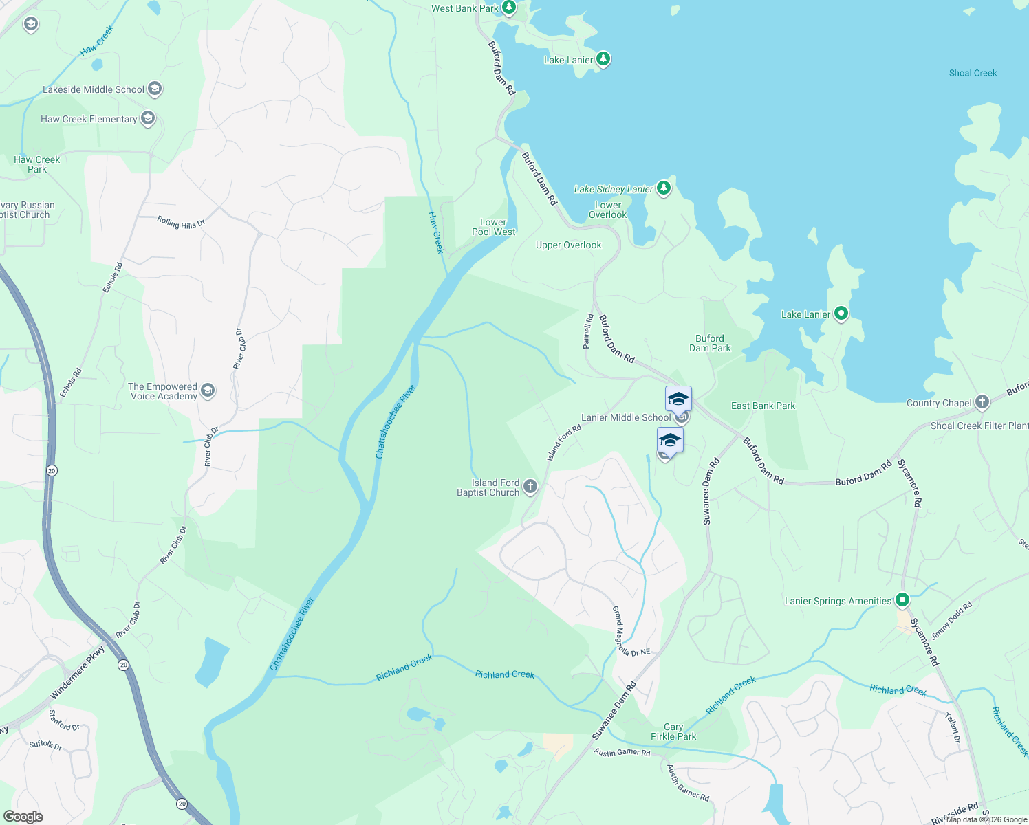 map of restaurants, bars, coffee shops, grocery stores, and more near 928 Island Ford Road in Buford