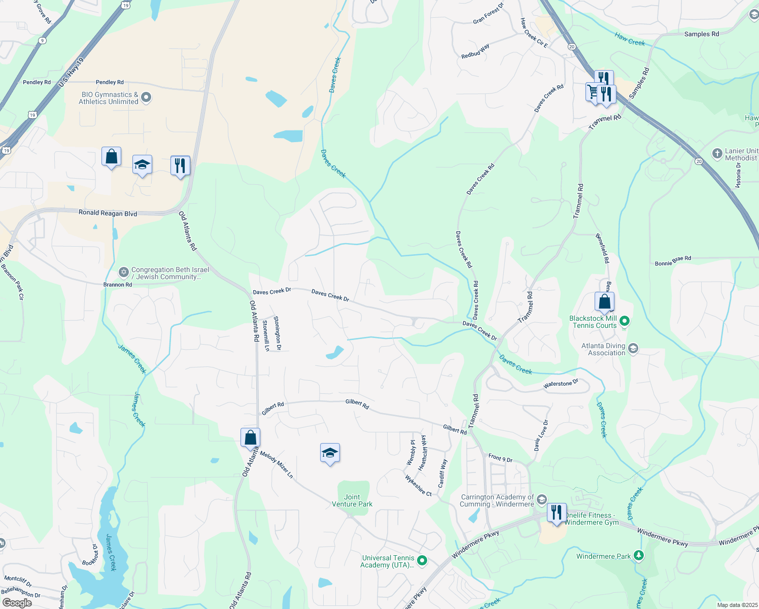 map of restaurants, bars, coffee shops, grocery stores, and more near 7049 Bennington Lane in Cumming
