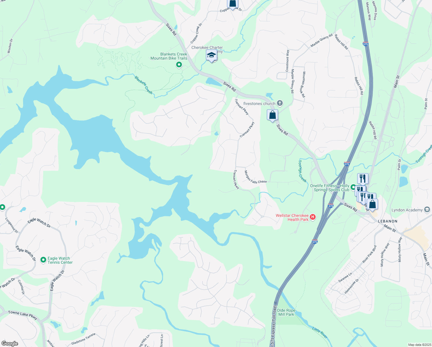 map of restaurants, bars, coffee shops, grocery stores, and more near 301 William Falls Drive in Canton