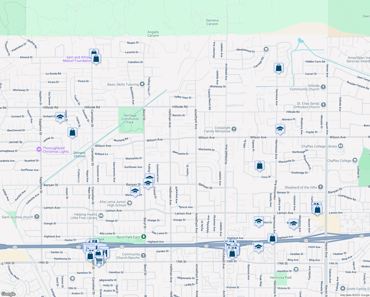 map of restaurants, bars, coffee shops, grocery stores, and more near 5824 Layton St in Rancho Cucamonga