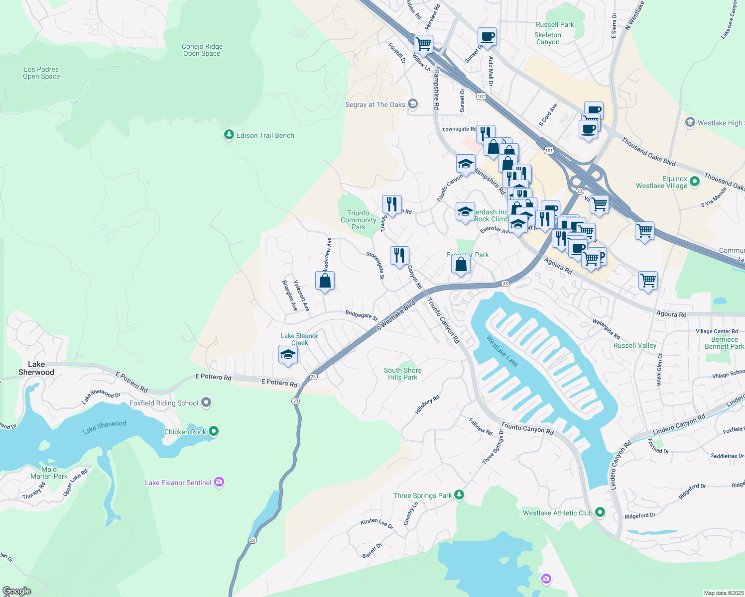 map of restaurants, bars, coffee shops, grocery stores, and more near 1241 Clayford Ave in Westlake Village