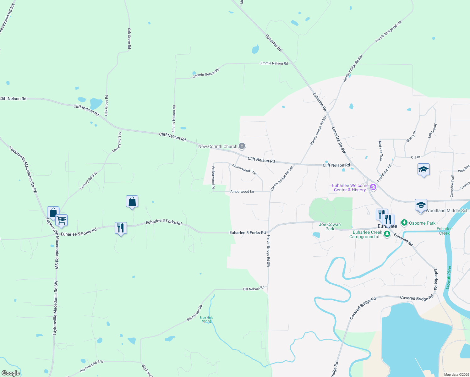 map of restaurants, bars, coffee shops, grocery stores, and more near 132 Amberwood Lane in Euharlee