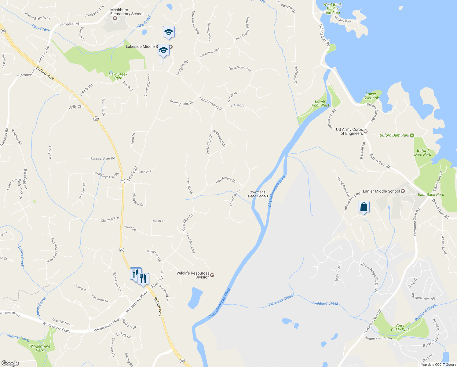 map of restaurants, bars, coffee shops, grocery stores, and more near 4223 Charlottes Overlook in Cumming