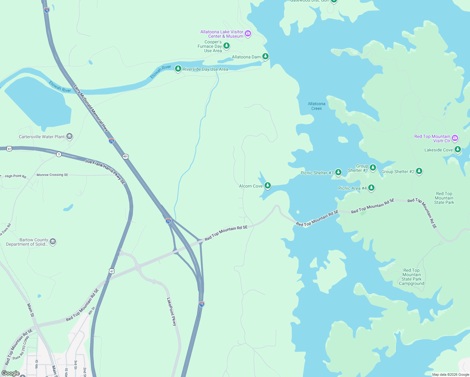 map of restaurants, bars, coffee shops, grocery stores, and more near 15 Sunset Ridge in Cartersville