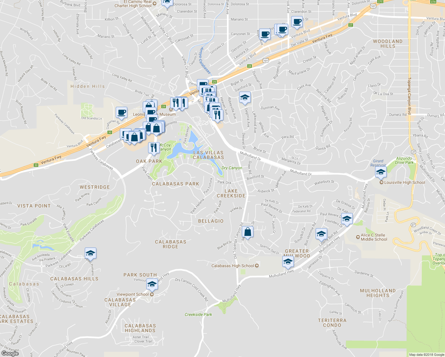 map of restaurants, bars, coffee shops, grocery stores, and more near 4410 Park Jazmin in Calabasas