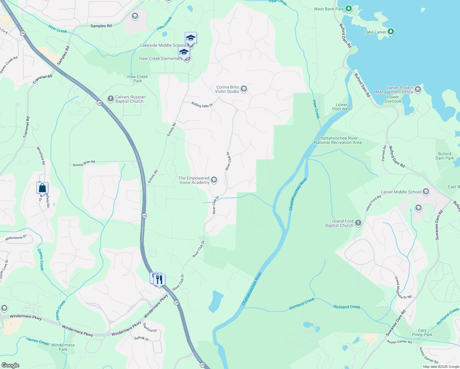 map of restaurants, bars, coffee shops, grocery stores, and more near 3910 River Club Drive in Cumming