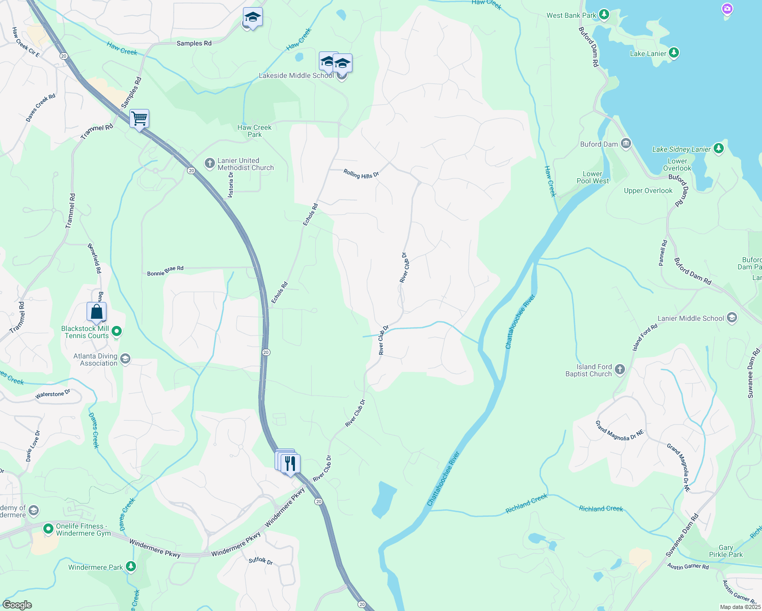 map of restaurants, bars, coffee shops, grocery stores, and more near 3860 Overlake Drive in Cumming