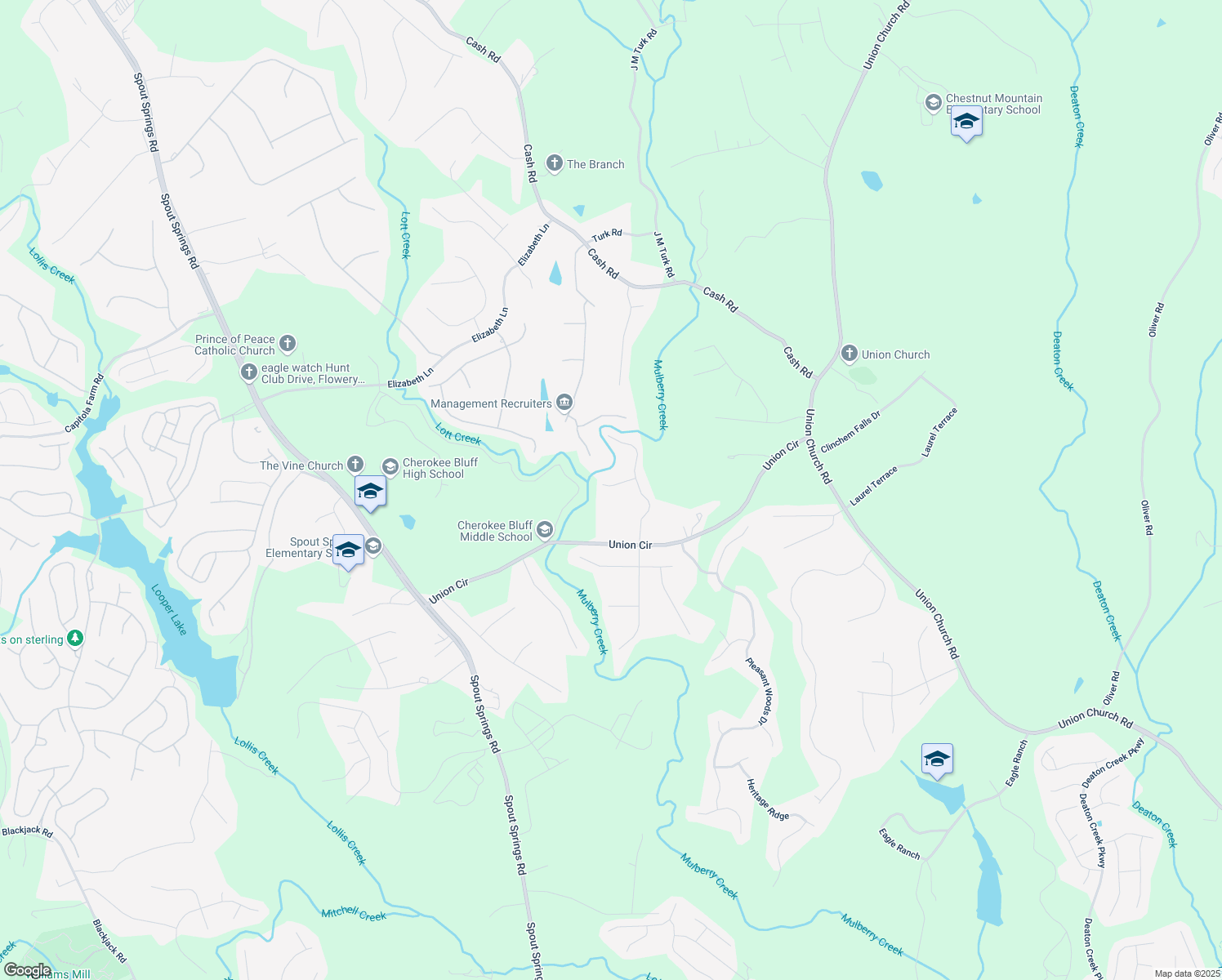 map of restaurants, bars, coffee shops, grocery stores, and more near 5517 Pond Mill Court in Flowery Branch