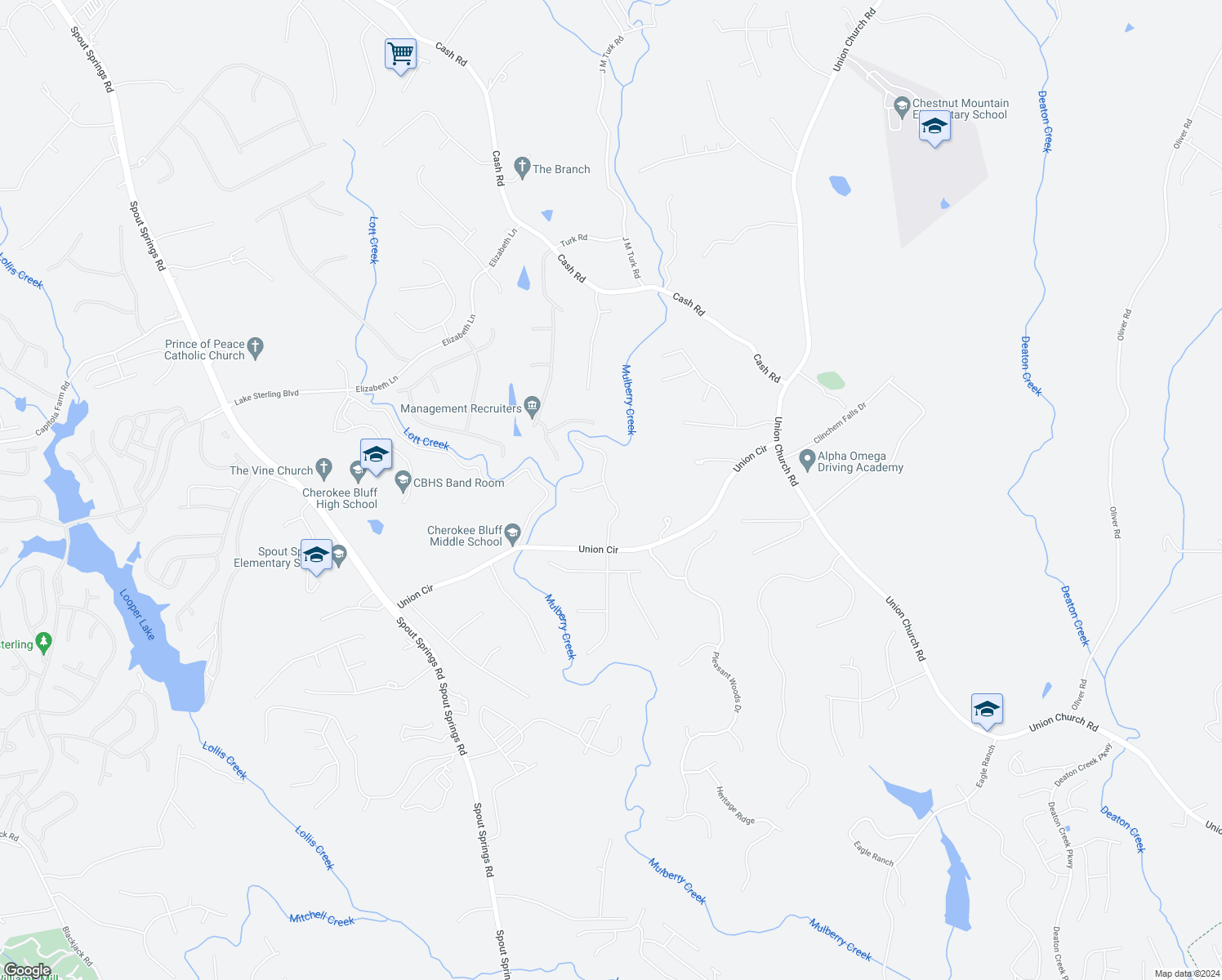 map of restaurants, bars, coffee shops, grocery stores, and more near 5430 Sugarmill Drive in Flowery Branch