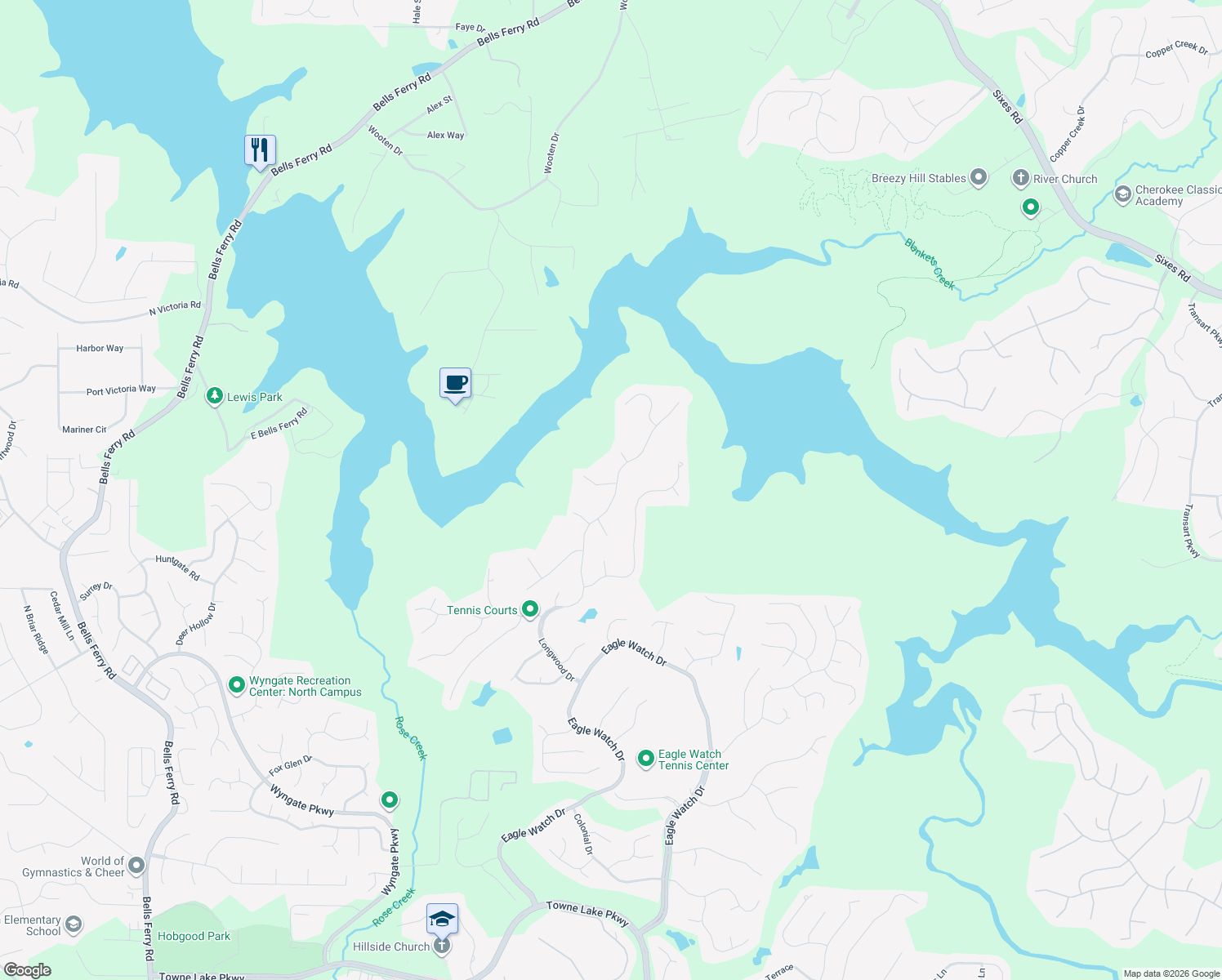 map of restaurants, bars, coffee shops, grocery stores, and more near 501 Scenic Way in Woodstock