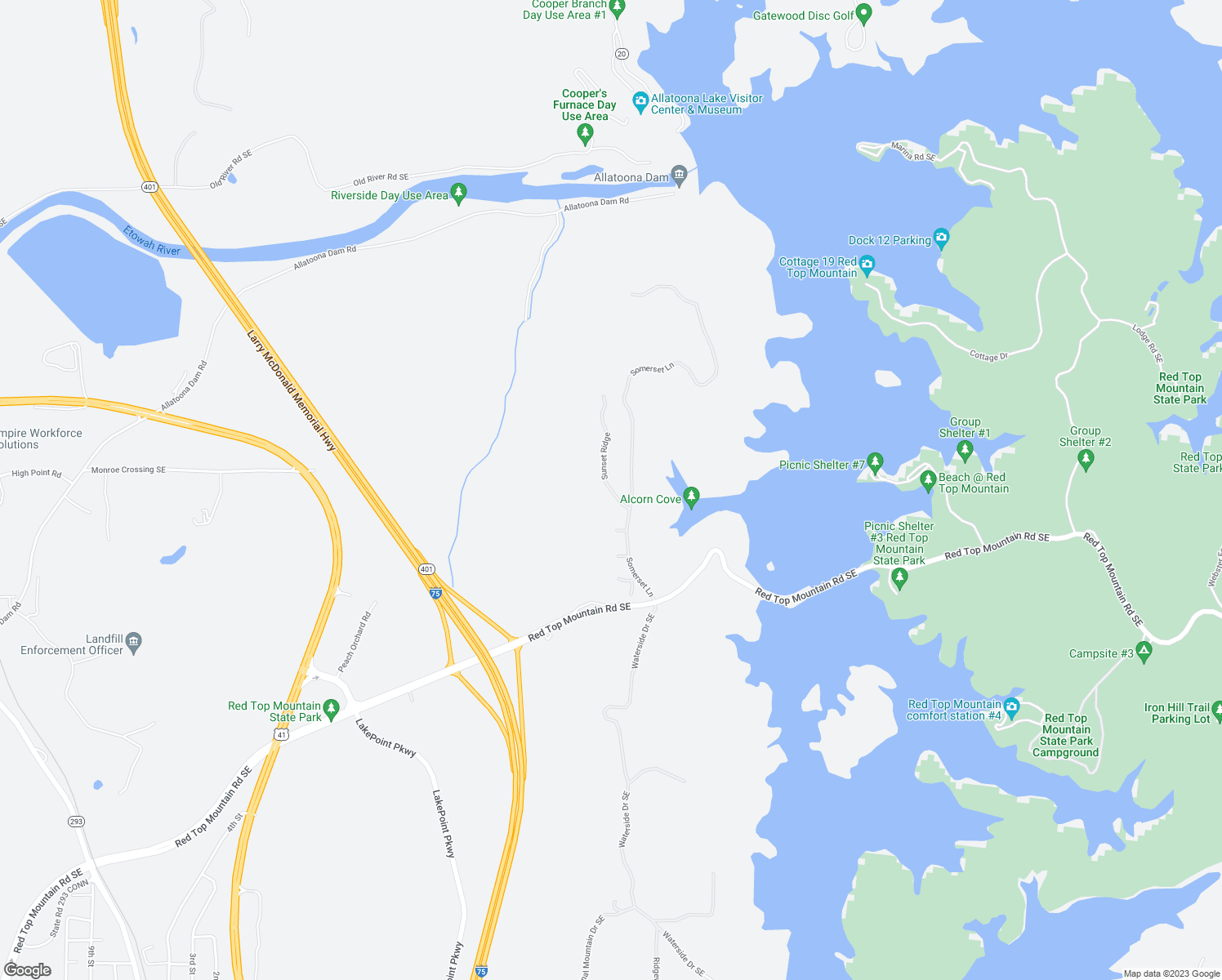 map of restaurants, bars, coffee shops, grocery stores, and more near 15 Sunset Ridge in Cartersville