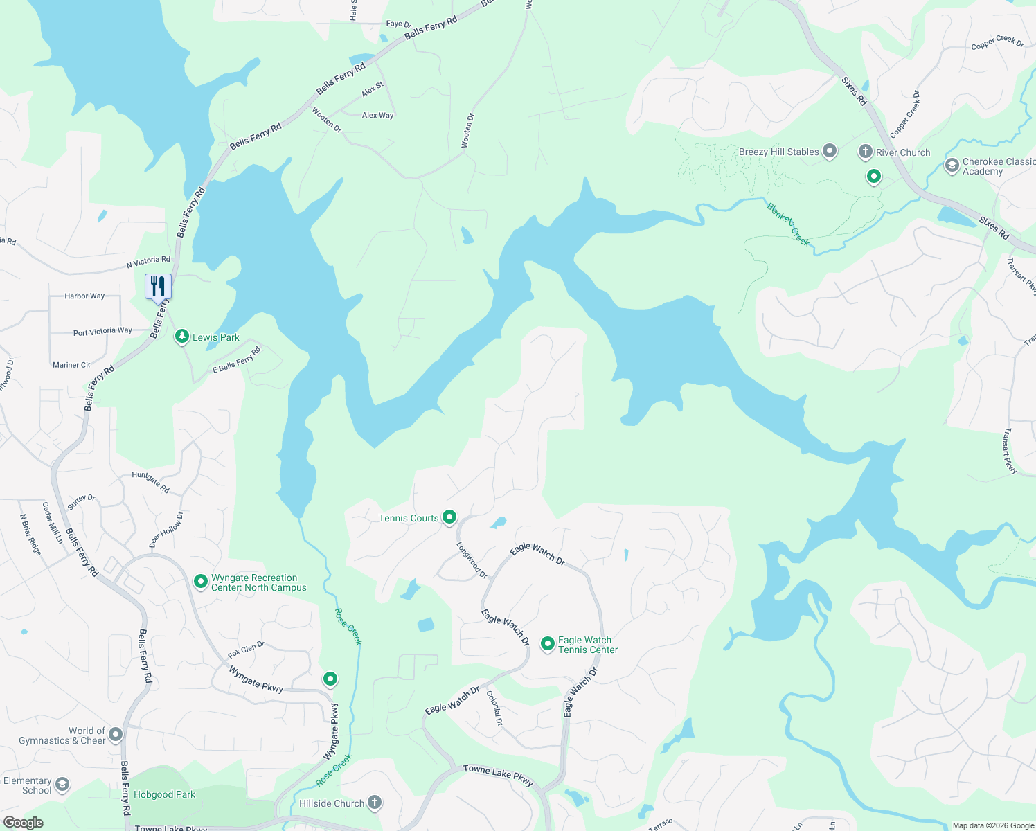 map of restaurants, bars, coffee shops, grocery stores, and more near 501 Scenic Way in Woodstock