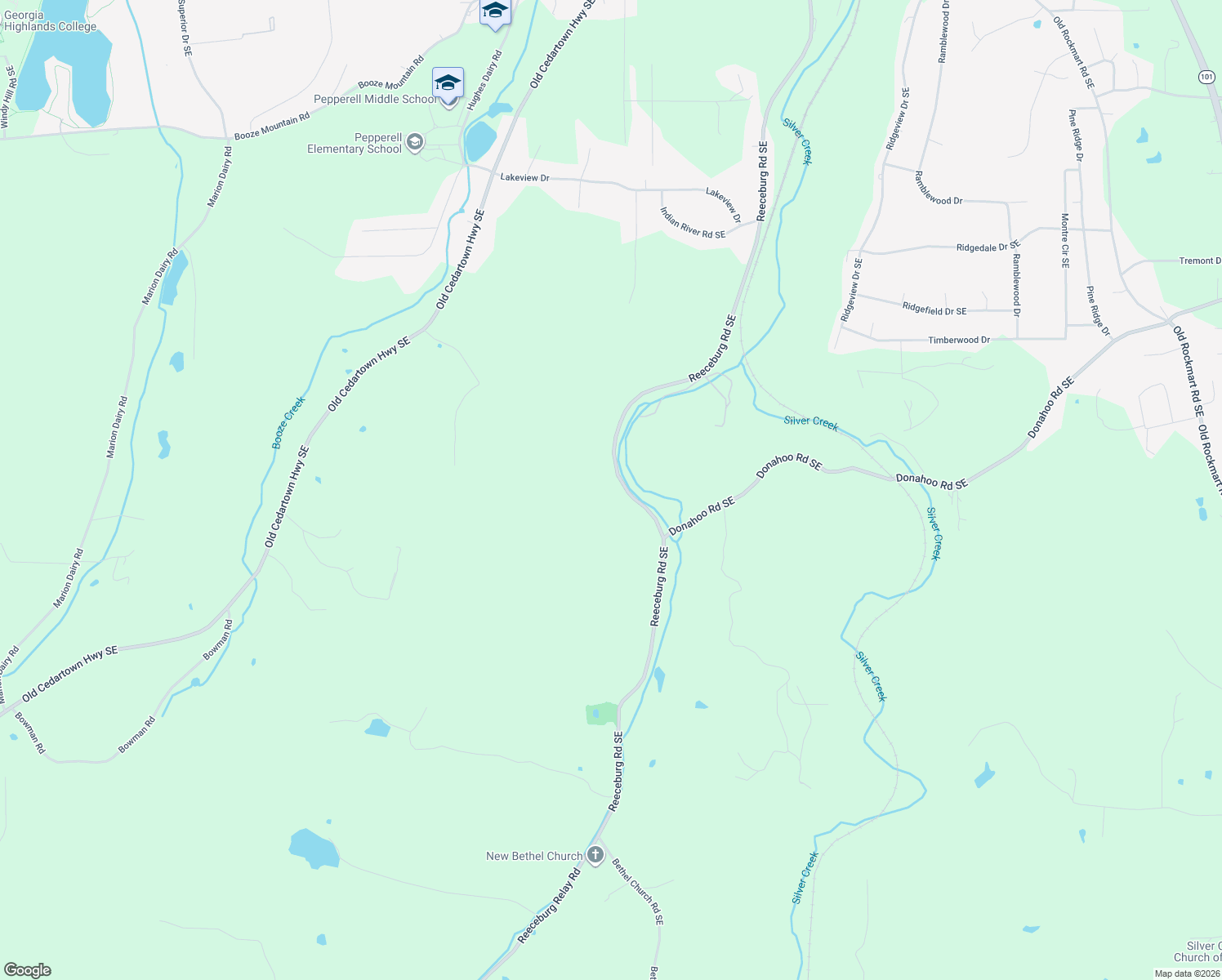 map of restaurants, bars, coffee shops, grocery stores, and more near 1126 Reeceburg Road Southeast in Silver Creek