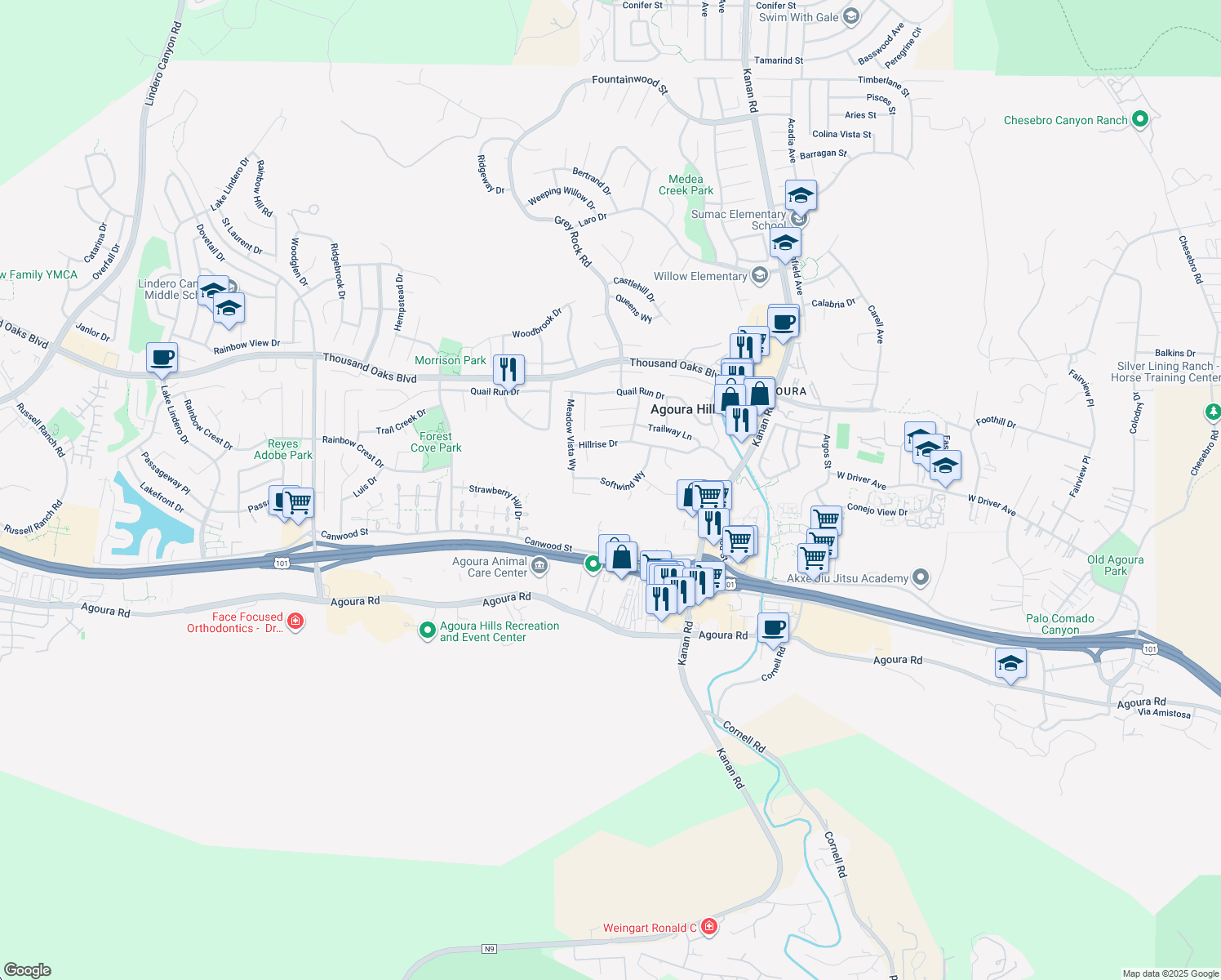 map of restaurants, bars, coffee shops, grocery stores, and more near 5458 Softwind Way in Agoura Hills