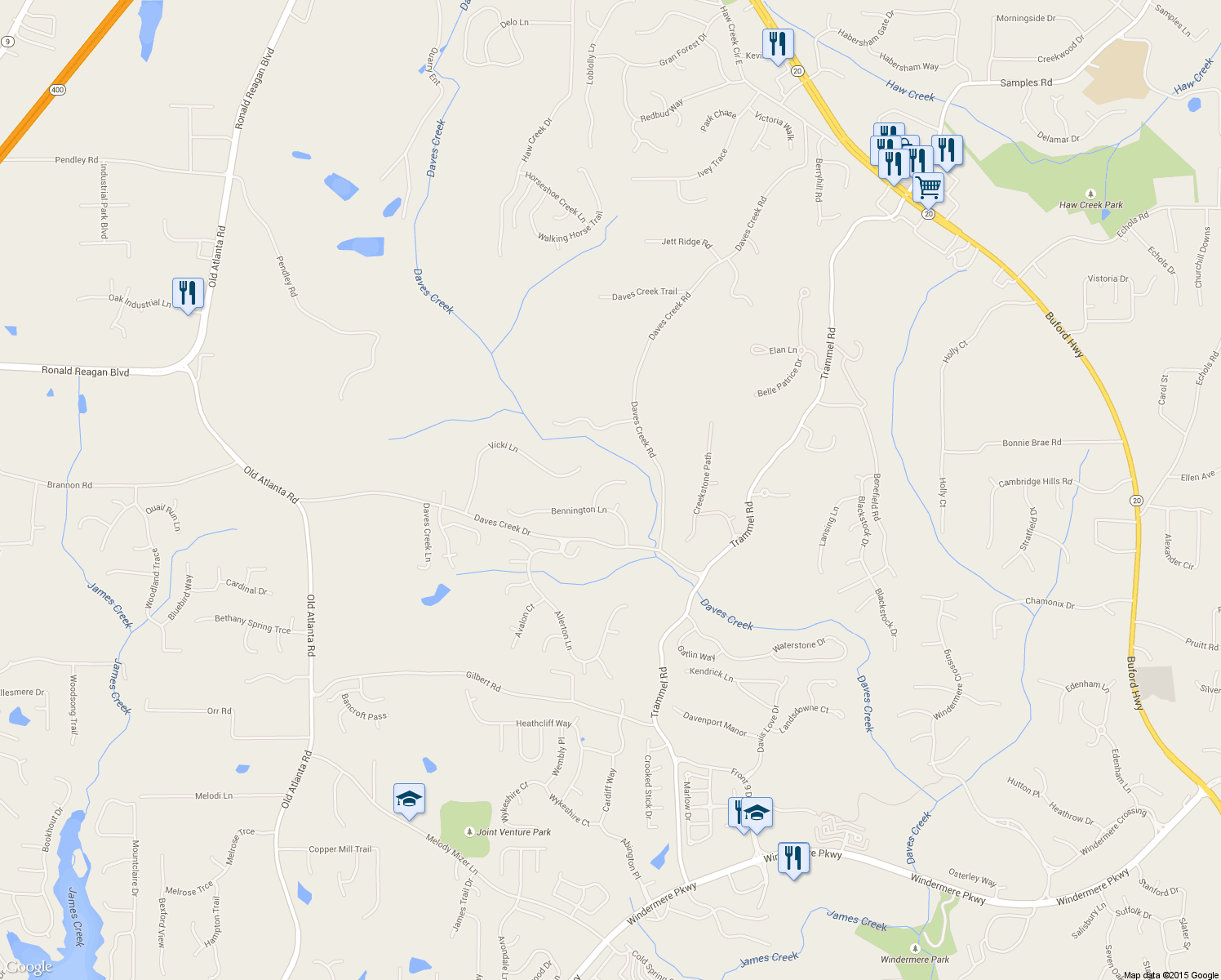 map of restaurants, bars, coffee shops, grocery stores, and more near 7430 Bronson Way in Cumming