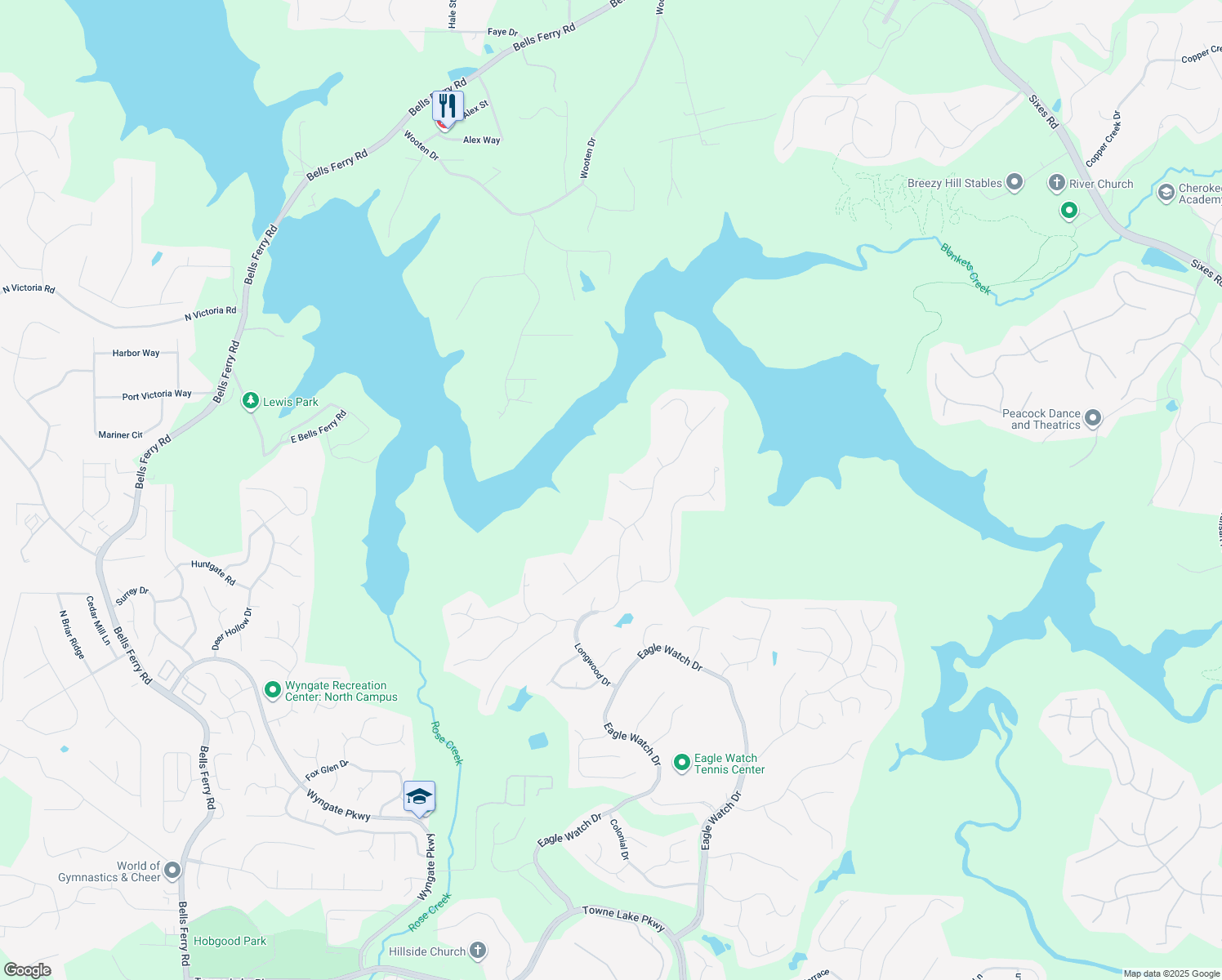 map of restaurants, bars, coffee shops, grocery stores, and more near 512 Scenic Way in Woodstock
