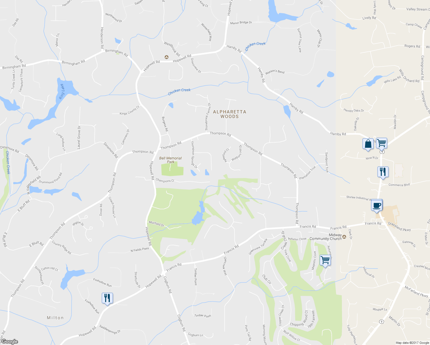 map of restaurants, bars, coffee shops, grocery stores, and more near 380 Double Springs Way in Alpharetta