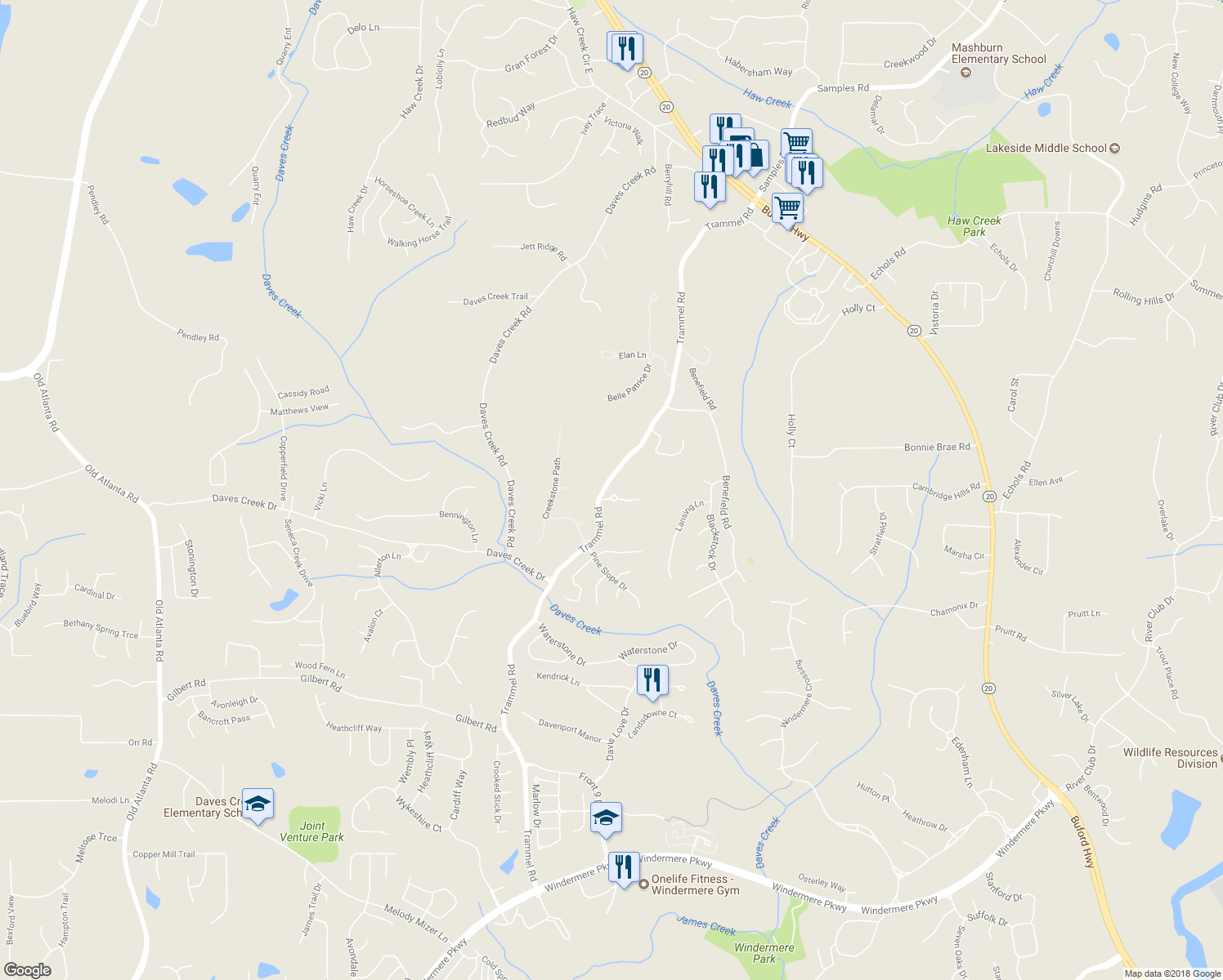 map of restaurants, bars, coffee shops, grocery stores, and more near 2385 Bradwardine Court in Cumming