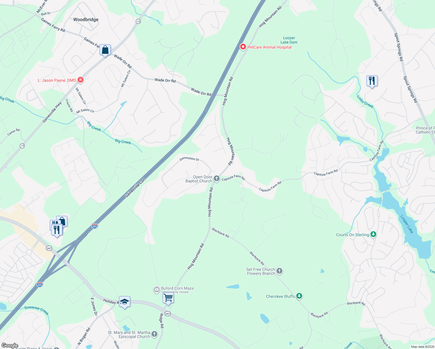 map of restaurants, bars, coffee shops, grocery stores, and more near 6058 Glenmoor Pl in Flowery Branch