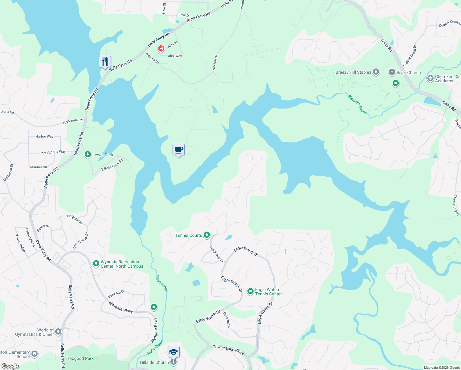 map of restaurants, bars, coffee shops, grocery stores, and more near 506 Scenic Way in Woodstock