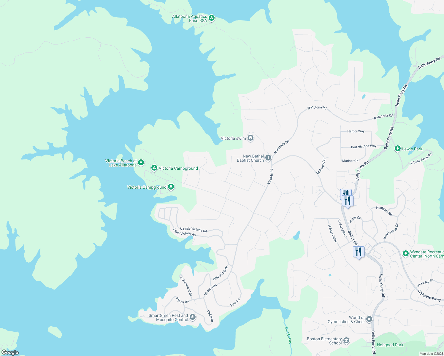 map of restaurants, bars, coffee shops, grocery stores, and more near 301 Bethel Drive in Woodstock