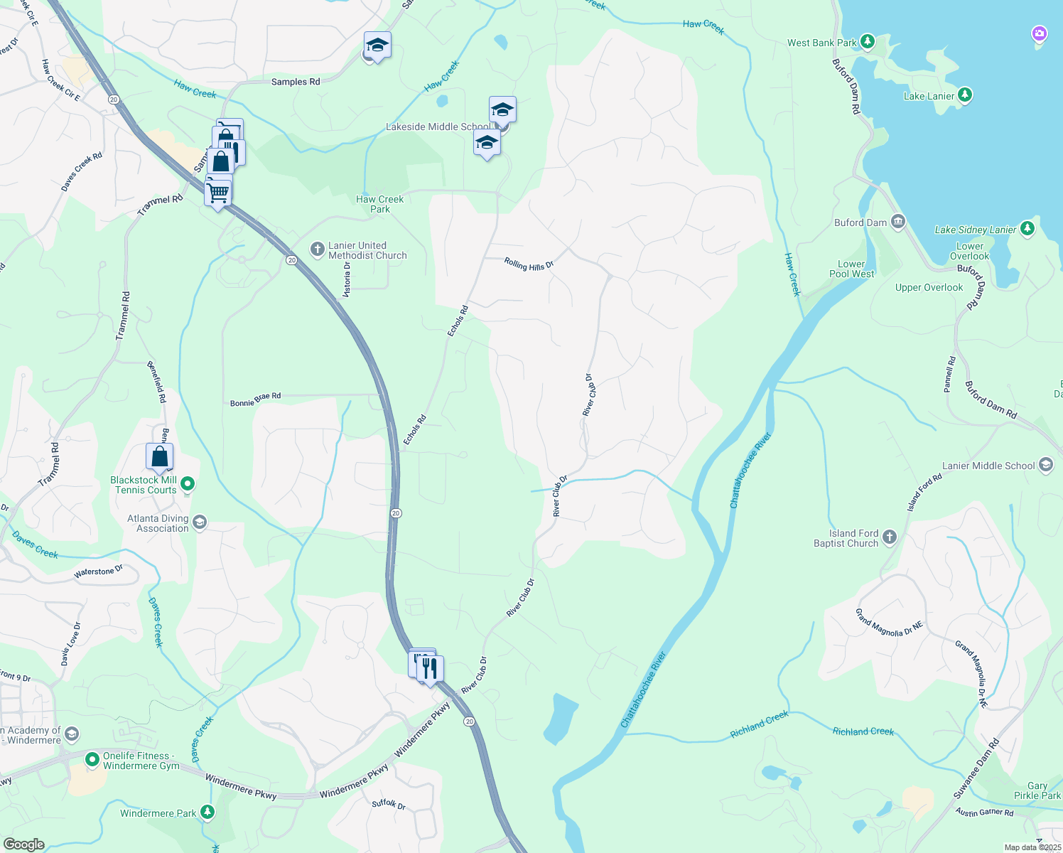 map of restaurants, bars, coffee shops, grocery stores, and more near 3895 Overlake Drive in Cumming