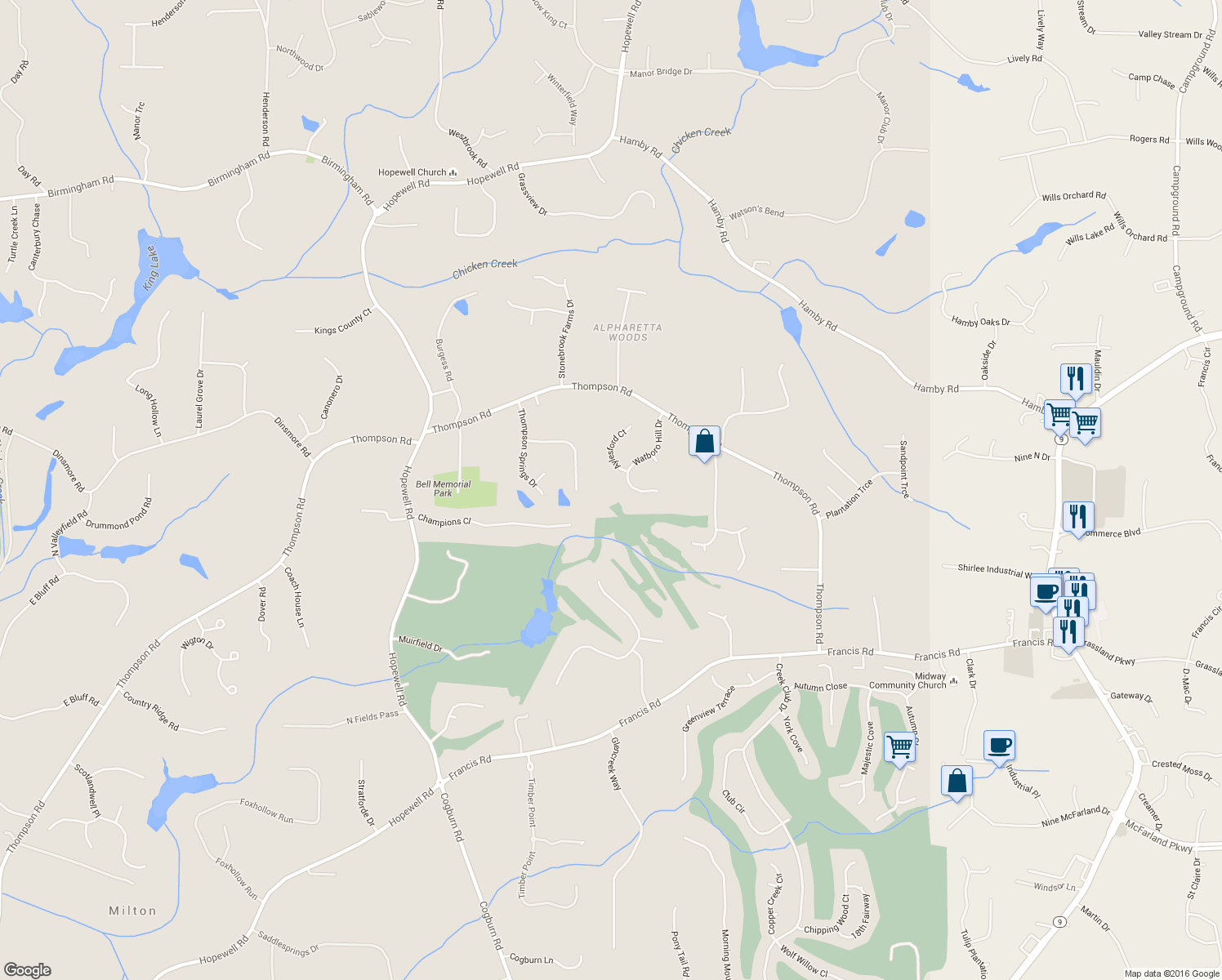 map of restaurants, bars, coffee shops, grocery stores, and more near 585 Watboro Hill Dr in Alpharetta